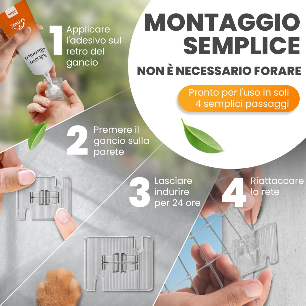 Naturiz® Rete per gatti per balcone senza fori inclusa con ganci adesivi e silicone – Rete di protezione per gatti per balcone e finestre, rete per gatti trasparente - Rete anti-piccioni, protezione