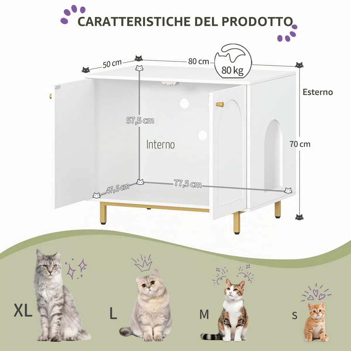 Hzuaneri Casa Della Toilette Per Gatti, Mobile Nascosto, Tavolino in Legno per Animali Domestici, Panca per Armadietto, Adatto Alla Maggior Parte dei Gatti, 80 x 55 x 70 cm, Bianco e Oro CB85003G