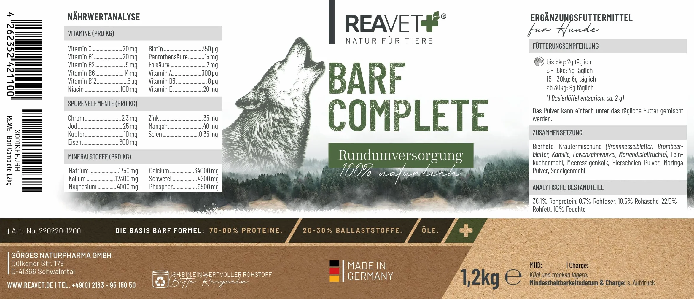 ReaVET Barf Complete Polvere per Cani 1,2 kg - Barfen per Cani, Additivo Completo Barf, Minerali & Vitamine, Barf per Cani