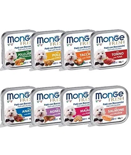 24 Vaschette Monge Fresh 100g Cibo Umido Per Cani Pate con Bocconcini Gusti Misti anatra Pollo Maiale Tonno Manzo Salmone Agnello