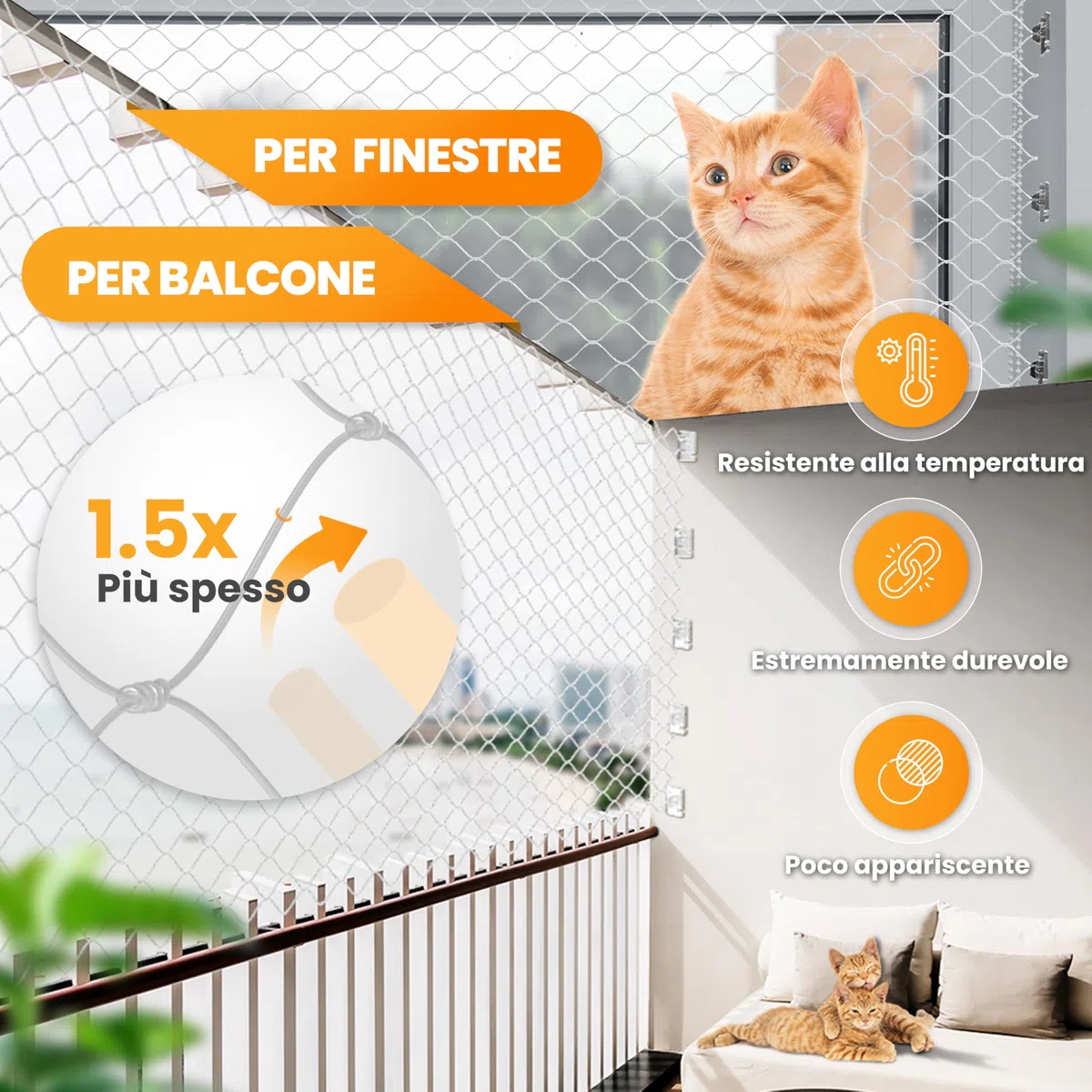 Naturiz® Rete per gatti per balcone senza fori inclusa con ganci adesivi e silicone – Rete di protezione per gatti per balcone e finestre, rete per gatti trasparente - Rete anti-piccioni, protezione