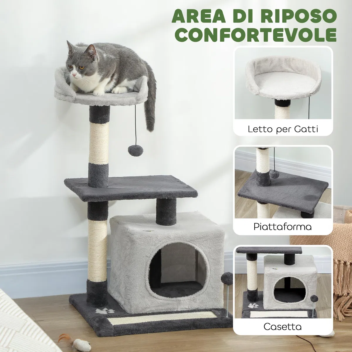 PawHut Albero Tiragraffi per Gatti Alto 85 cm, Torre per Gatti e Gattini con Casetta, Lettino Superiore, Pallina, Pali in Sisal e Tappetino Tiragraffi, Grigio Chiaro
