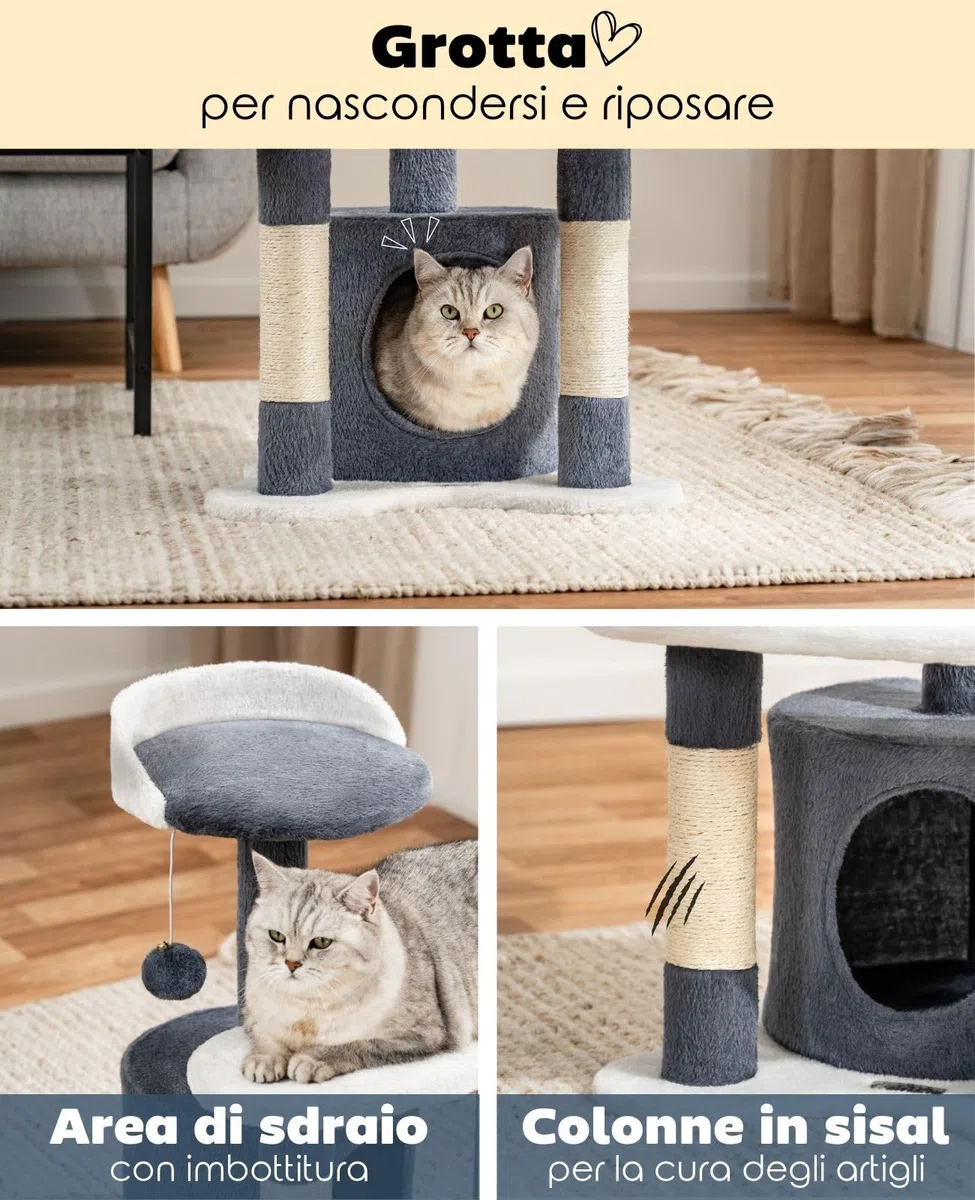 lionto Tiragraffi per Gatto Albero Tiragraffi Gatto Gioco Giocattolo Gatti Altezza 65 cm, Grigio/Bianco