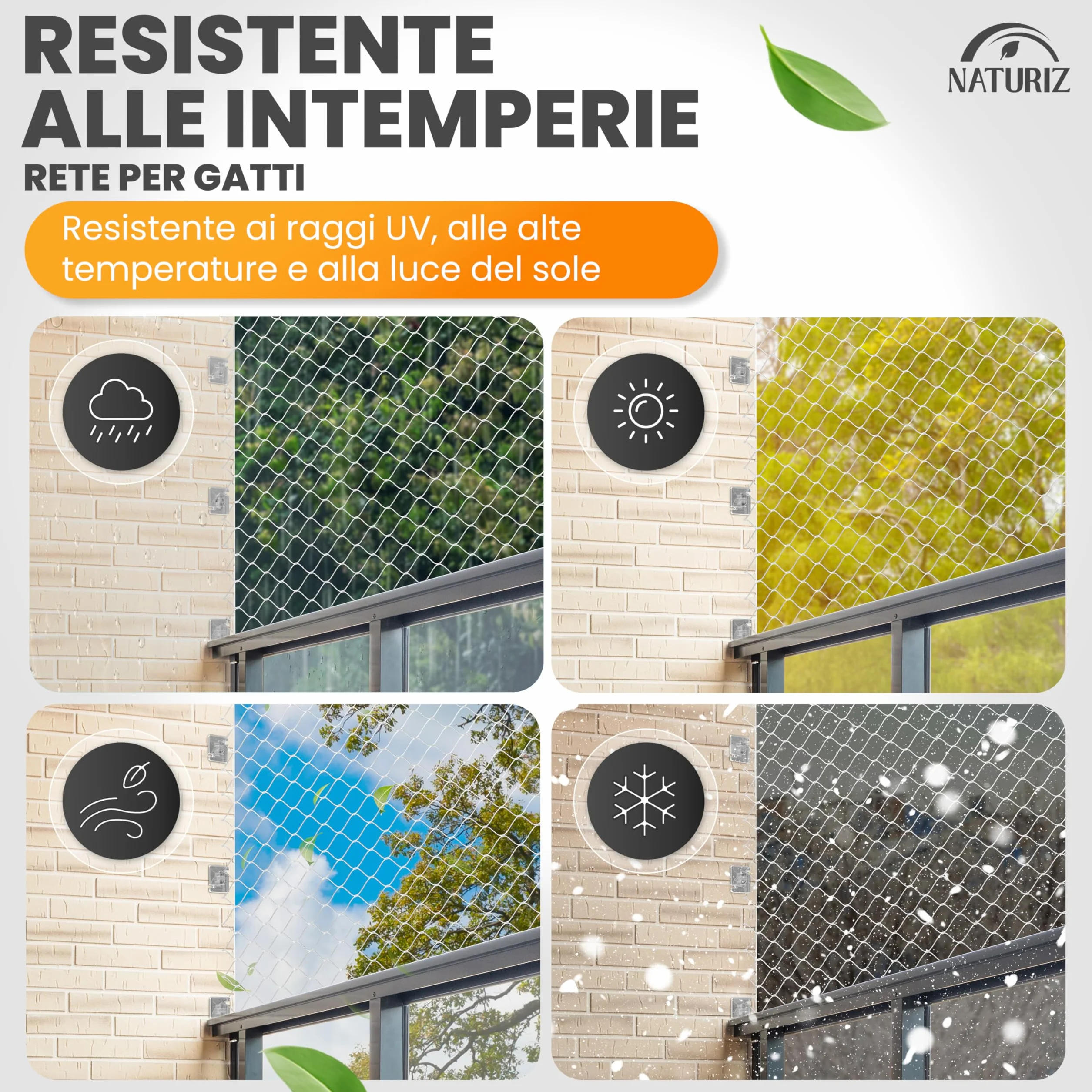 Naturiz® Rete per gatti per balcone senza fori inclusa con ganci adesivi e silicone – Rete di protezione per gatti per balcone e finestre, rete per gatti trasparente - Rete anti-piccioni, protezione