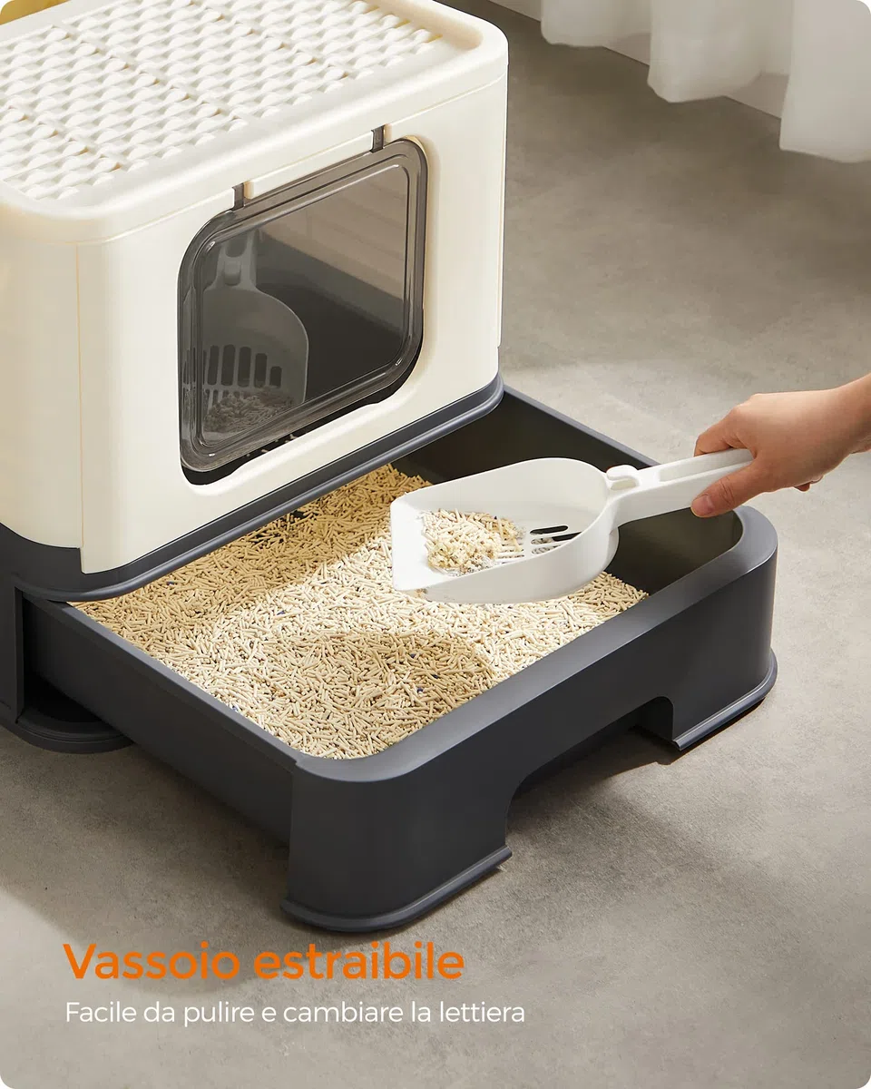 FEANDREA Casetta per Lettiera per per Gatti Grandi Nascosta, Vassoio Estraibile, Paletta, Spazzola, Ampio, Portata 15 kg, Antipertita, Beige e Nero PPT001W01
