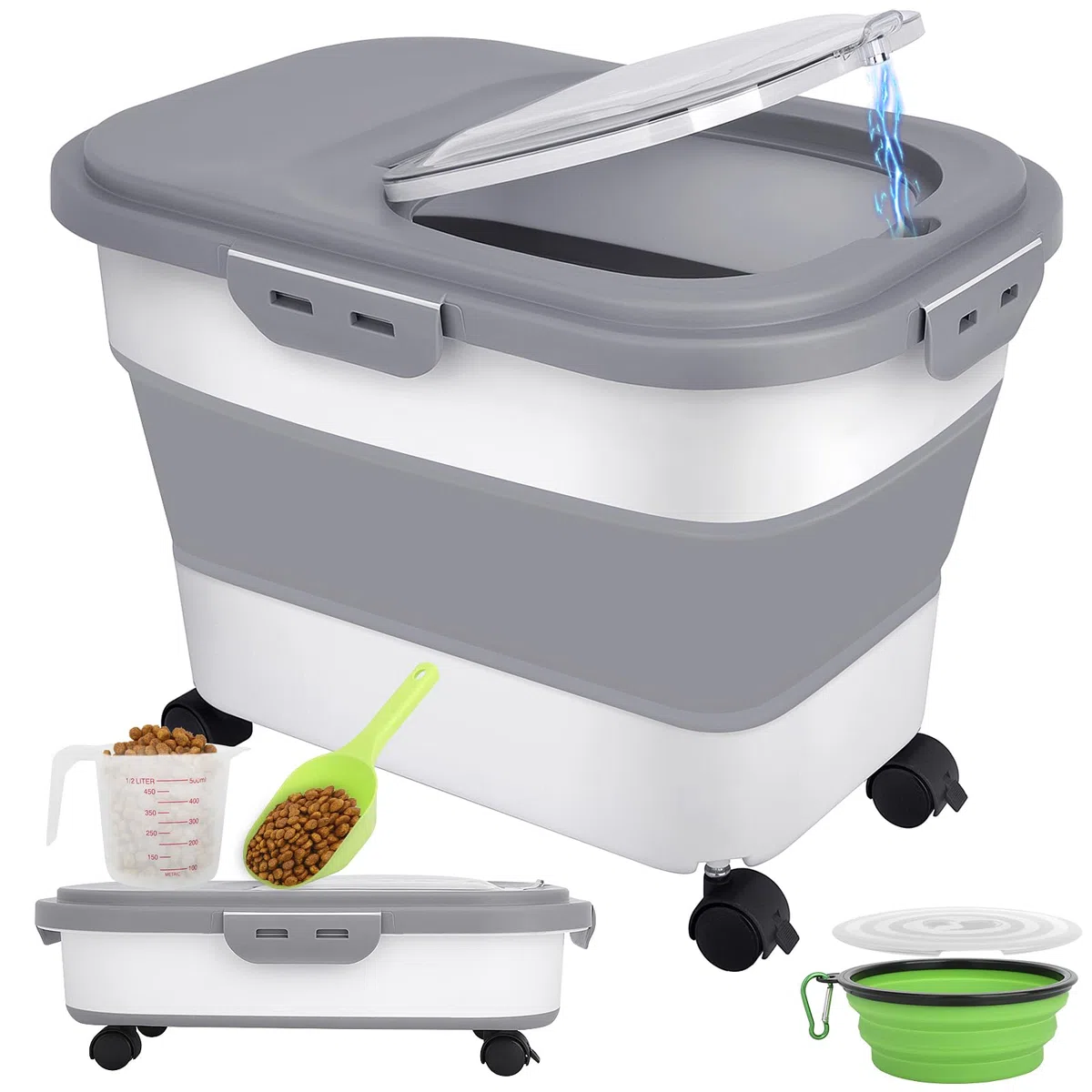 Porta Crocchette per Cani Gatto Contenitore Pieghevole Ermetico 7-10kg con Ciotola Cane Ruota Misurino e Pala