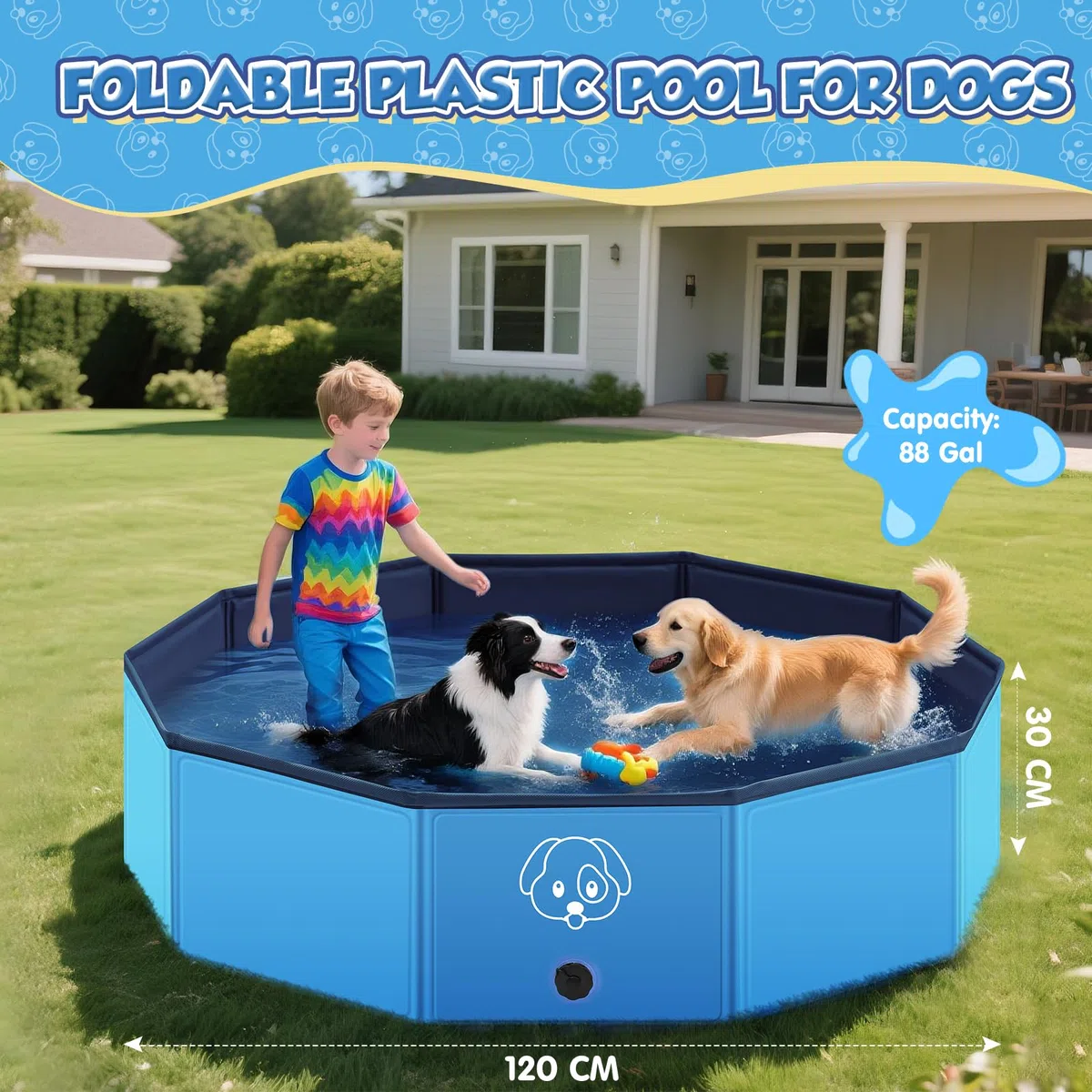 Piscina per Cani Grandi e Piccole in PVC Antiscivolo, Piscina Cani Pieghevoli e Portatili & Facili da Pulire - Ideali per Piscine per Cani (120 * 30 cm)
