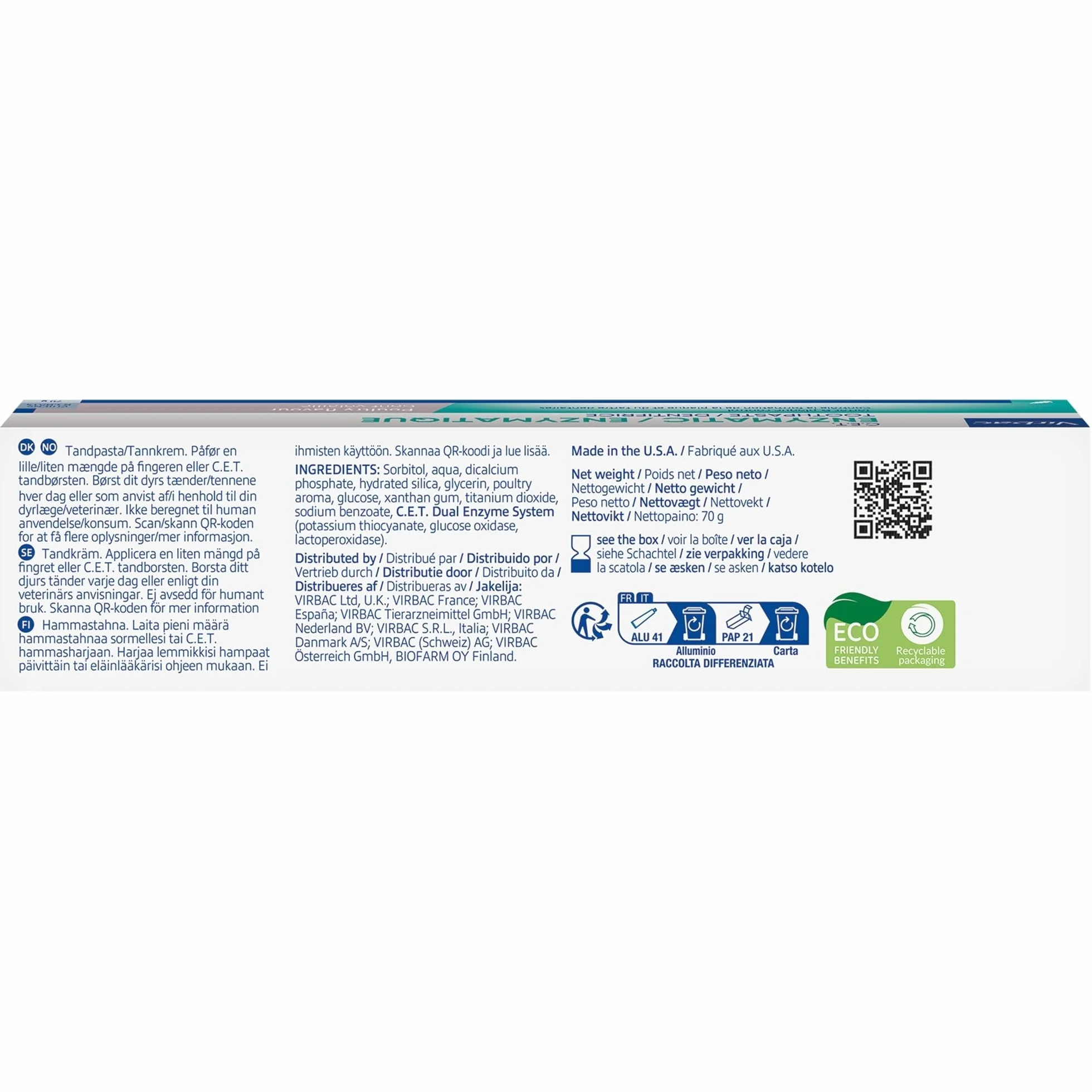 Virbac C.E.T. Dentifricio enzimatico per animali | Confezione Doppia | 2 x 70 g | Dentifricio aromatizzato al pollame per cani e gatti | Da utilizzare con uno spazzolino adatto agli animali