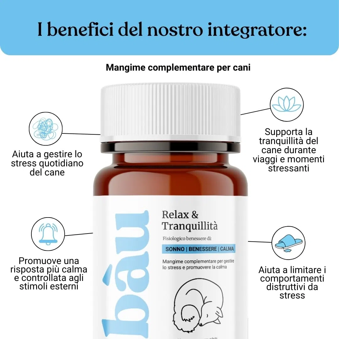 Bau Integratore Calmante per Cani, Valeriana per Cani Tranquillante, Rilassante per Cani Appetibili con Ingredienti Naturali, Ideale per Temporali, Viaggi e Ansia da Separazione -60cp