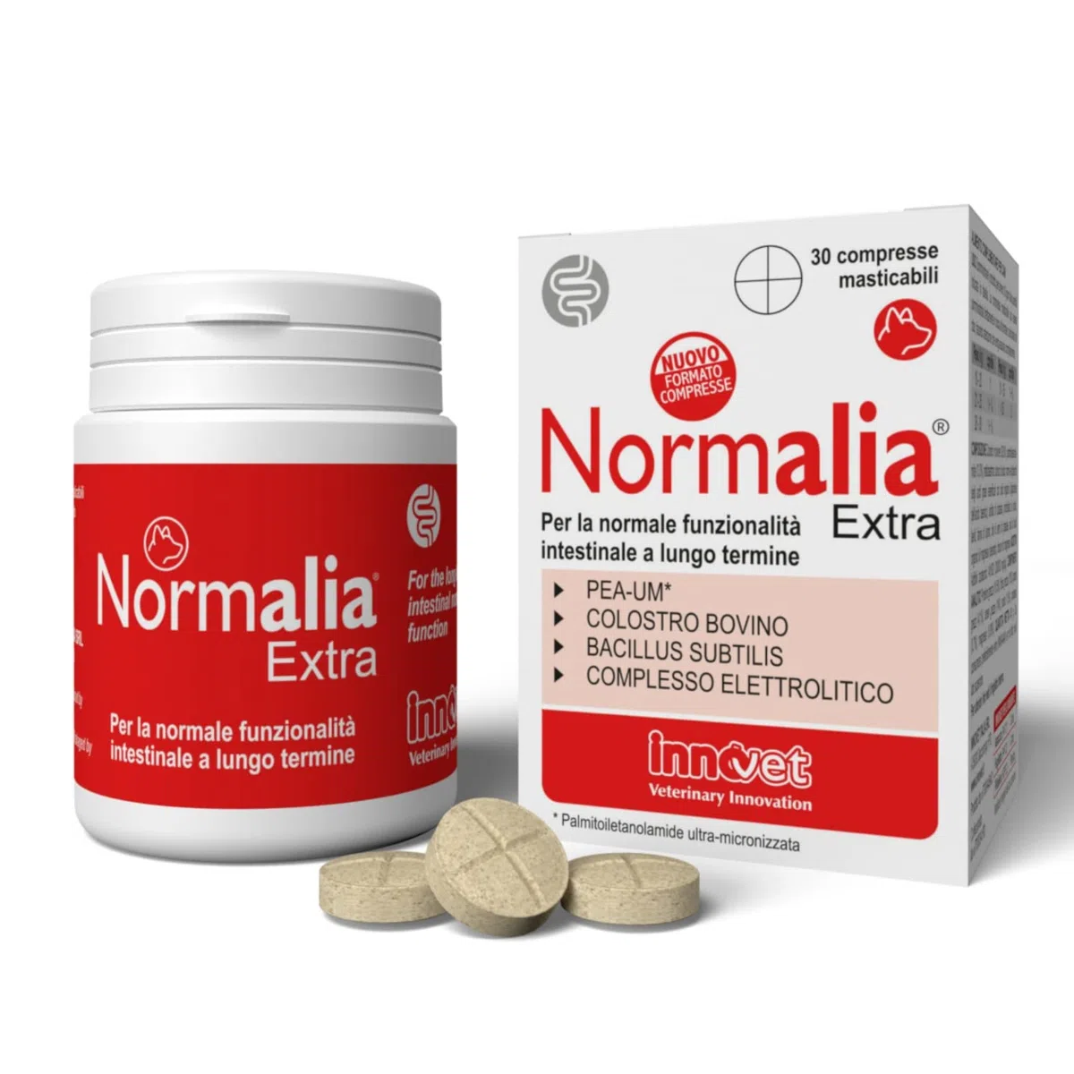 Normalia Extra per Cani – Supporto Intestinale Avanzato – con Probiotici, Colostro Bovino e PEA-um – Aiuta la Consistenza delle Feci e l’Equilibrio della Microflora Intestinale – 30 cpr