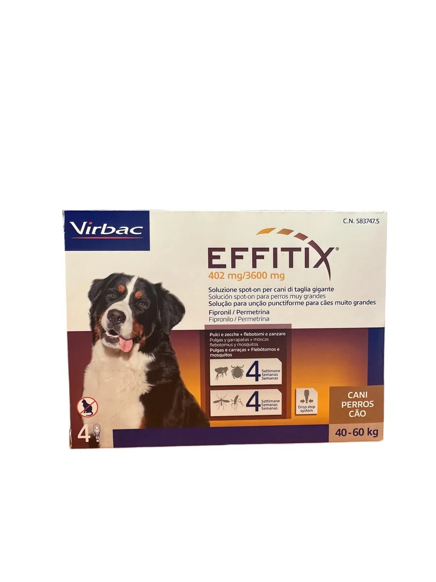 Effitix Antiparassitario Pipette per Cani 40-60 Kg, Combatte Pulci e Zecche, Previene la Leishmaniosi, Formato 4 Pipette