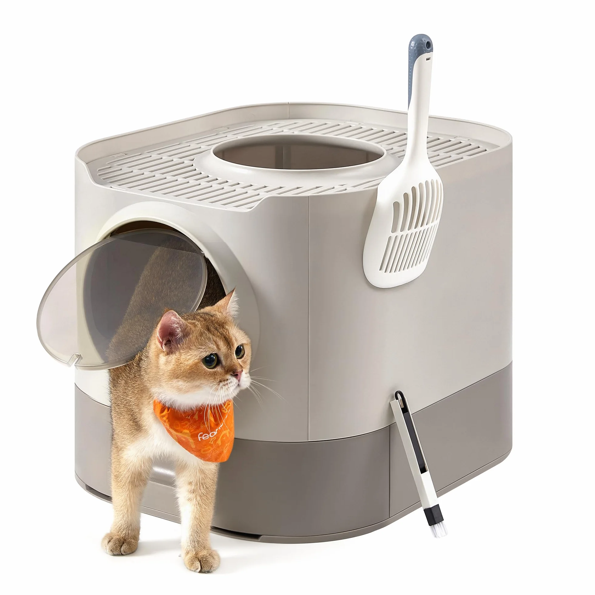 Feandrea Lettiera per Gatti Chiusa, Toilette per Gatti di Diverse Taglie XXL, con Coperchio, Vassoio Estraibile, Paletta, Spazzola, Meno Tracce, Colore Avena e Grigio Caldo PPT002G01