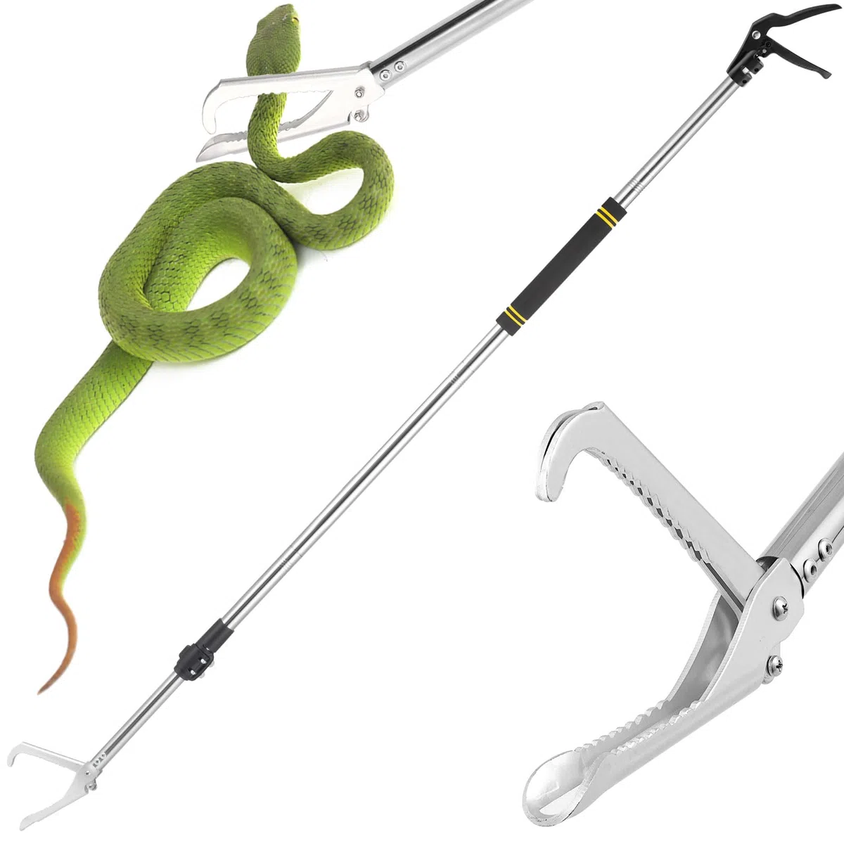 Pinza per serpenti e rettili, 175,3 cm, resistente e realizzata in acciaio inox, con manico in spugna (175,3 cm, nero)