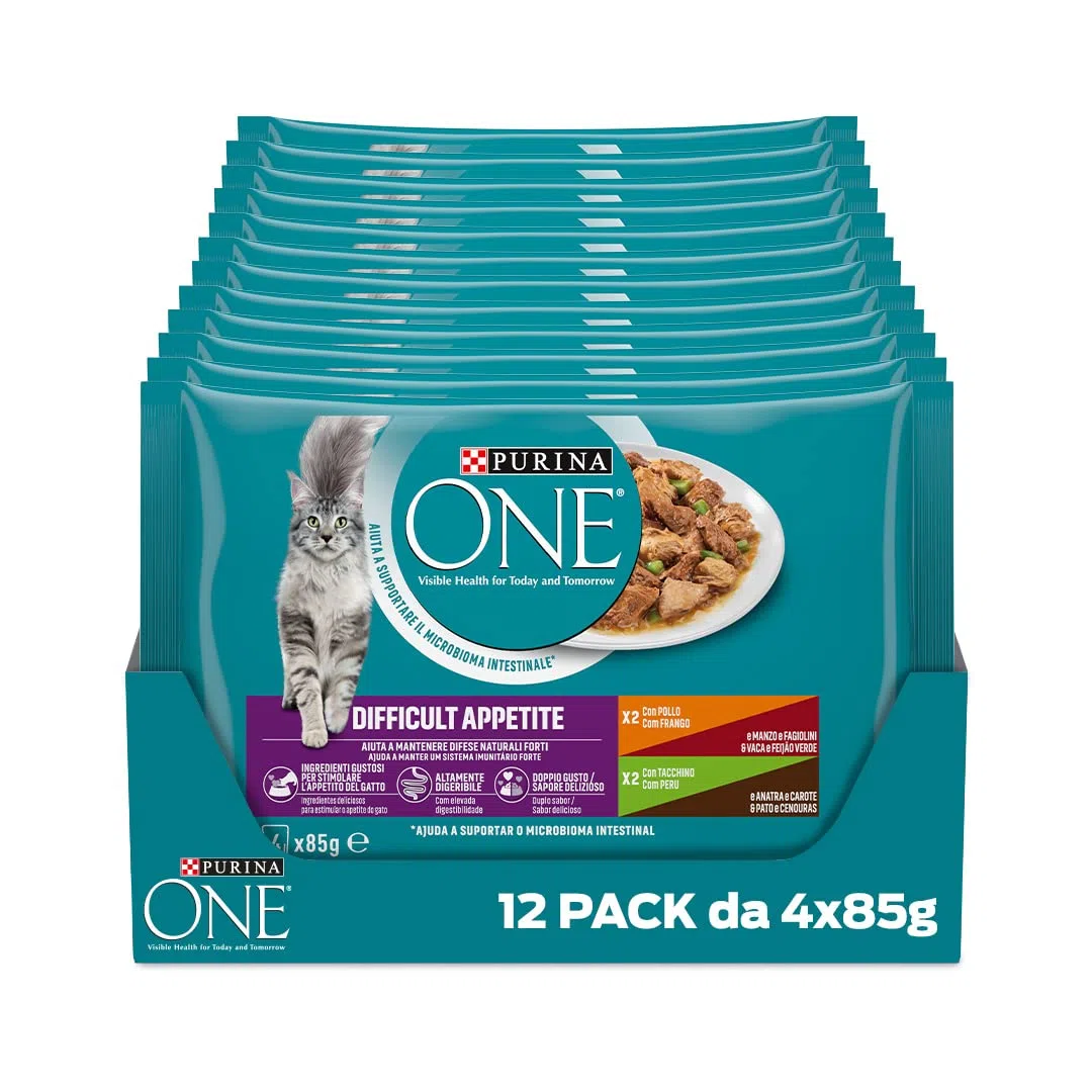 PURINA ONE Appetito Difficile Cibo Umido per Gatti Adulti Filettini con Pollo, Manzo e Fagiolini, Tacchino, Anatra e Carote 48 Buste da 85g