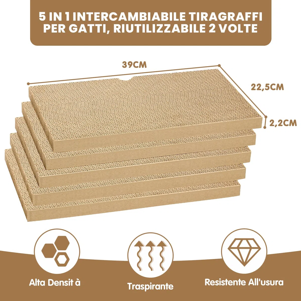 Ycozy Tiragraffi per Gatti 5 in 1 Scatole Graffiatoio Gatti Cartone 5PCS Cartone Ricambio Tiragraffi Gatto Double Face per Gatti Grandi Resistente