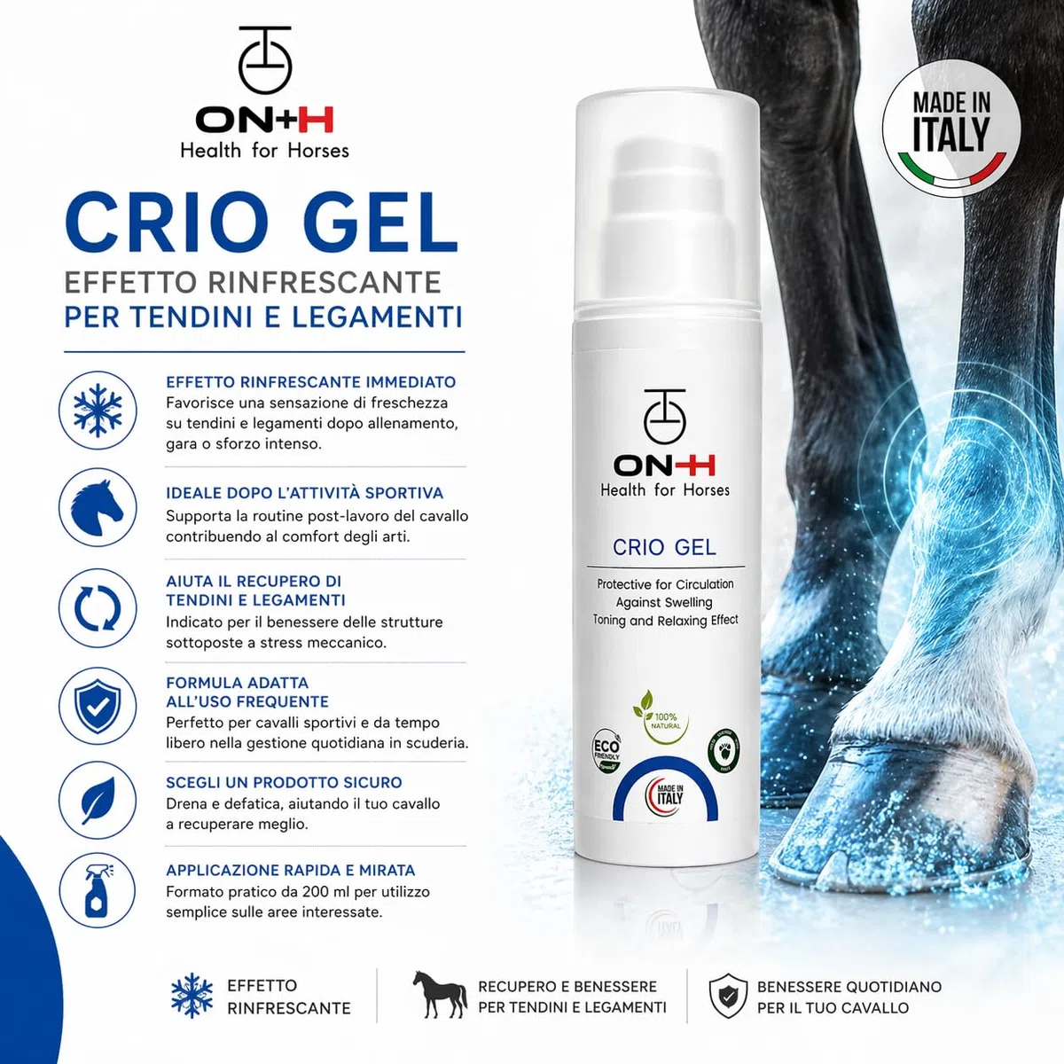ON-H Crio Gel per Cavalli 200 ml | Gel Defaticante per Tendini e Legamenti | Effetto Rinfrescante dopo Allenamento e Gara | Supporto Recupero Muscolare Cavallo Sportivo | uso Quotidiano