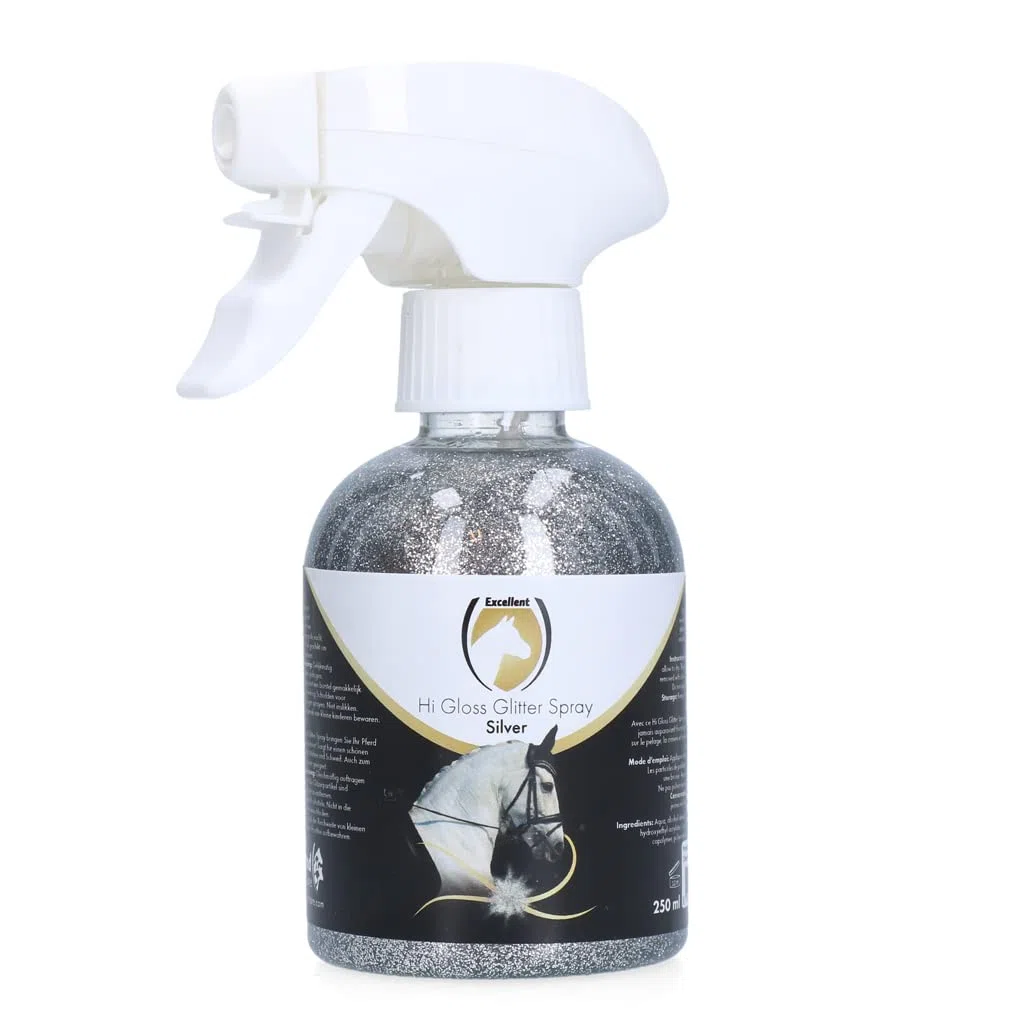Holland Animal Care Excellent Hi Gloss Spray glitter – Criniera spray per cavalli – Bellissimo glitter su pelliccia, criniera e coda – adatto per cavalli – 250 ml – argento