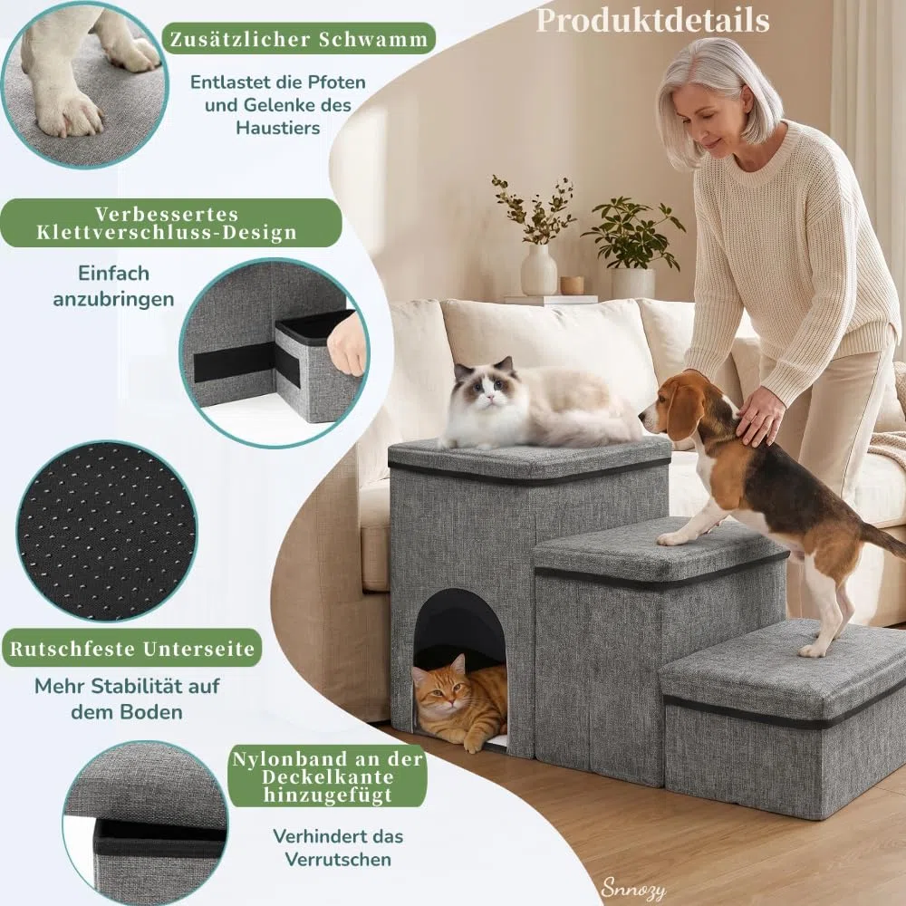 Scaletta Per Cani Scala Per Rampa Per Cani Piccoli con Vano Portaoggetti e Apertura per Gatti, Scaletta Pieghevole Ampia con Base Antiscivolo Letto e Divano (Grigio)