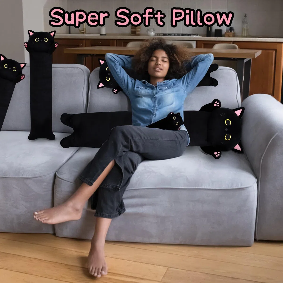 Cuscino lungo per il corpo in peluche, per gatti, 90 cm