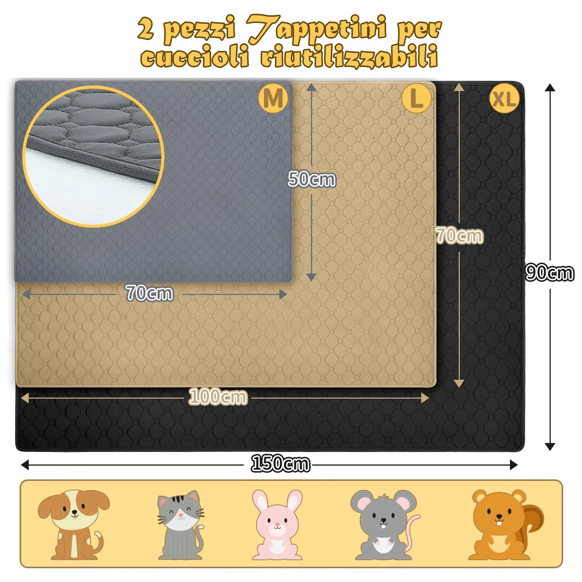 Set di 2 tappetini da allenamento per cani e gatti, extra forti, assorbenti, impermeabili e antiscivolo, lavabili e riutilizzabili, per cuccioli e animali domestici (marrone, 150 x 90 cm)