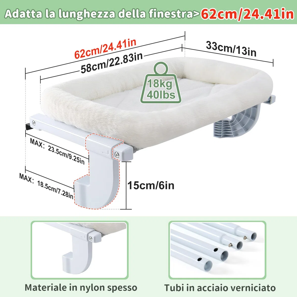 GUUSII HOME Amaca per Gatti da Finestra Gatto Cuccia Morbida Interno Letto Regolabile Gattino Cucce Trespolo Facile da Montare e Spostare per Comodino Sostenere Fino a 18kg (Bianco, M)