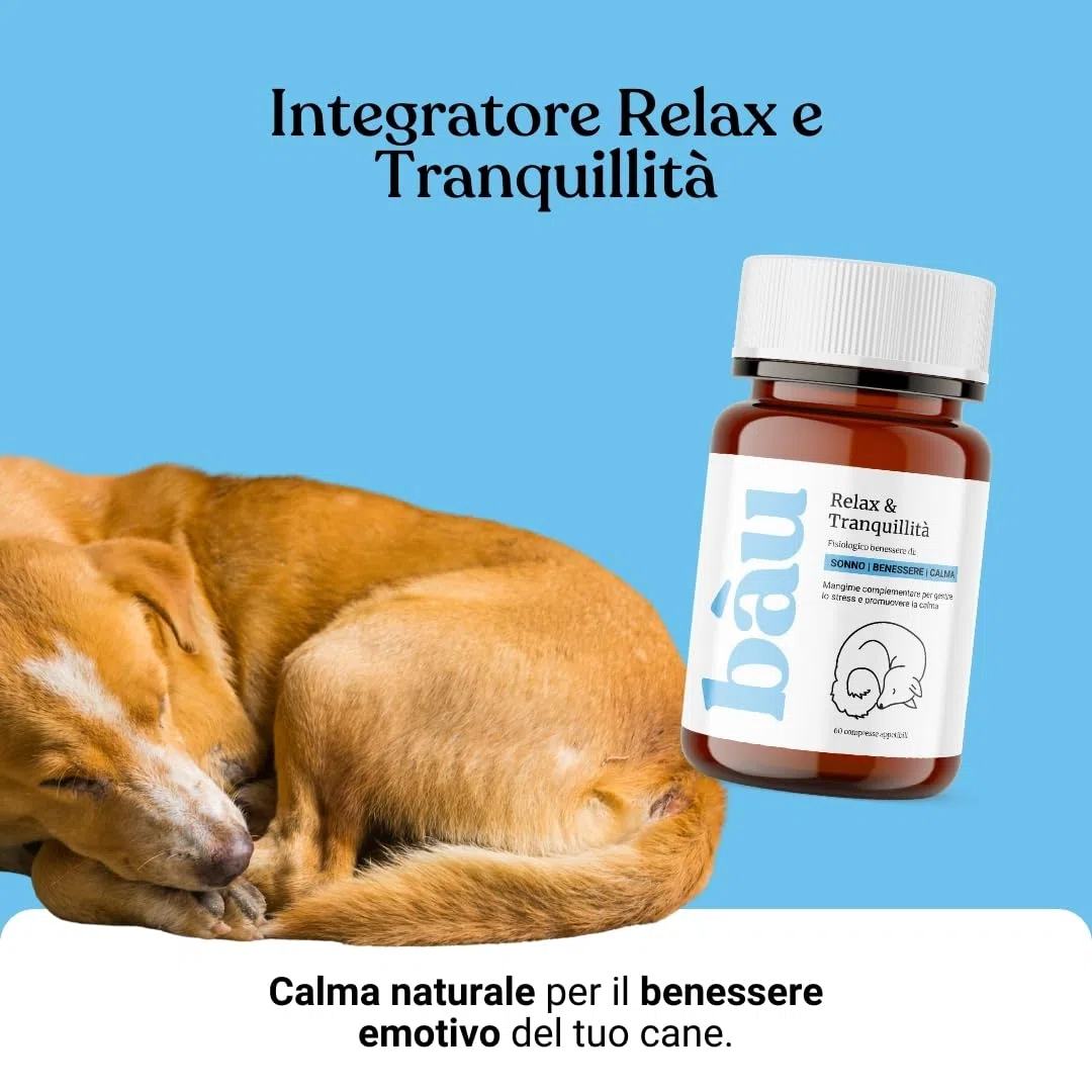 Bau Integratore Calmante per Cani, Valeriana per Cani Tranquillante, Rilassante per Cani Appetibili con Ingredienti Naturali, Ideale per Temporali, Viaggi e Ansia da Separazione -60cp