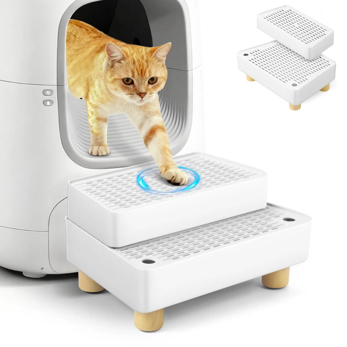 Grande rampa per lettiera a 2 gradini, regolabile con piedini in legno, funzione filtro, scala per animali domestici per gattini e gatti anziani, lettiera automatica per gatti (bianco)
