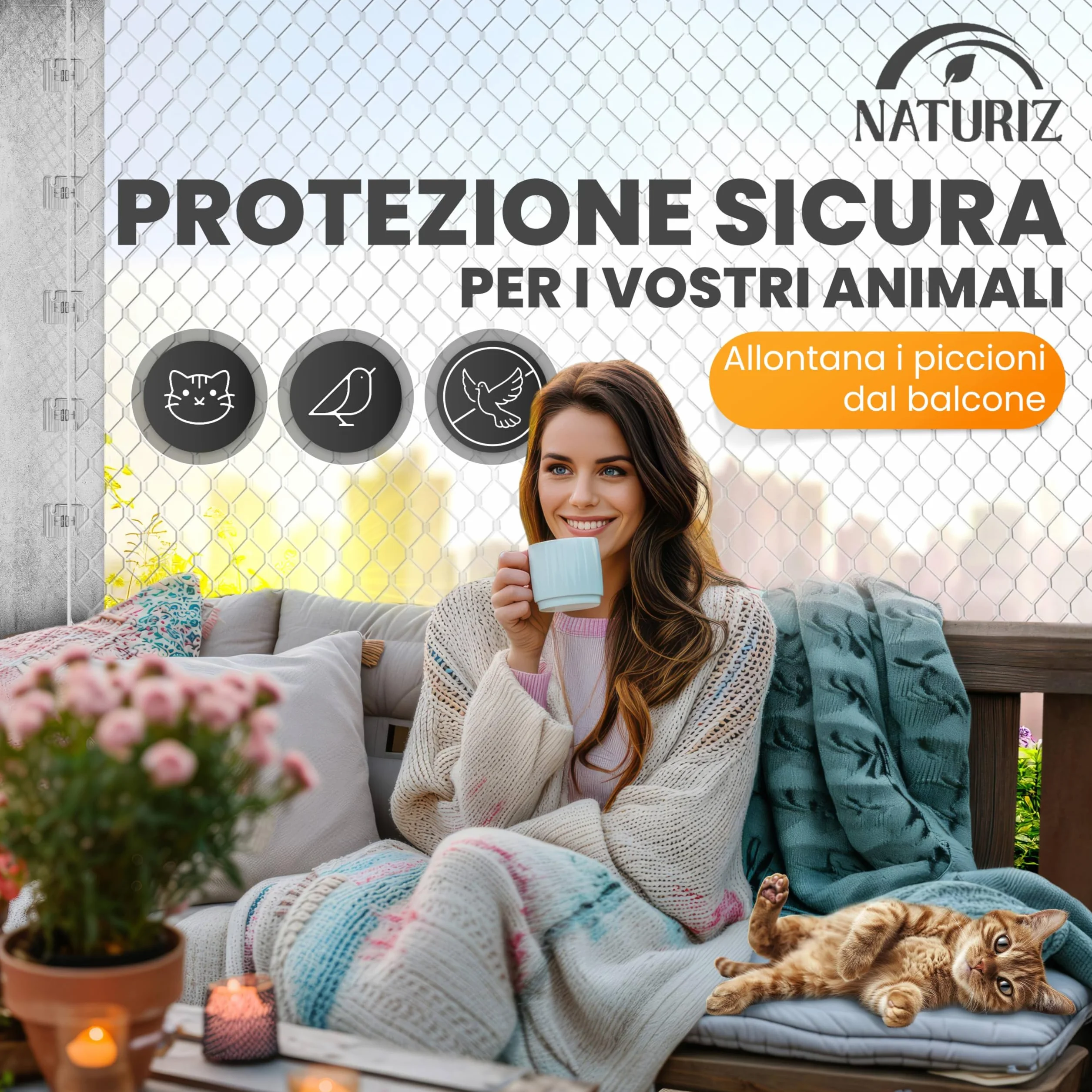 Naturiz® Rete per gatti per balcone senza fori inclusa con ganci adesivi e silicone – Rete di protezione per gatti per balcone e finestre, rete per gatti trasparente - Rete anti-piccioni, protezione