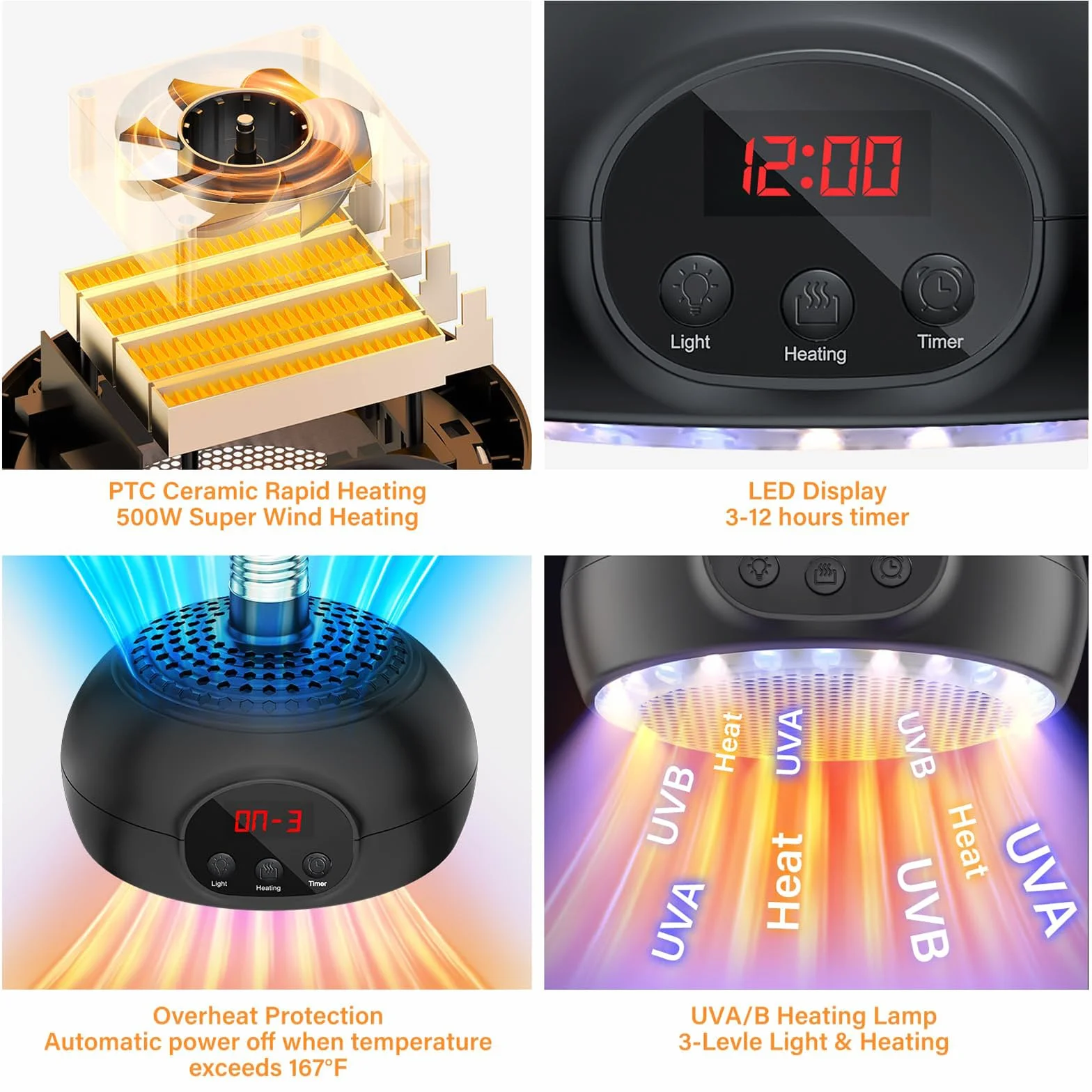 Lampade Riscaldanti per Pollaio, Lampada Riscaldante da 200 W-350 W-500 W per Rettili con Luce UVA/UVB 3-6-9-12H Timer, Lampada Riscaldante Portatile per Serre, Rettili, Cani e Gatti