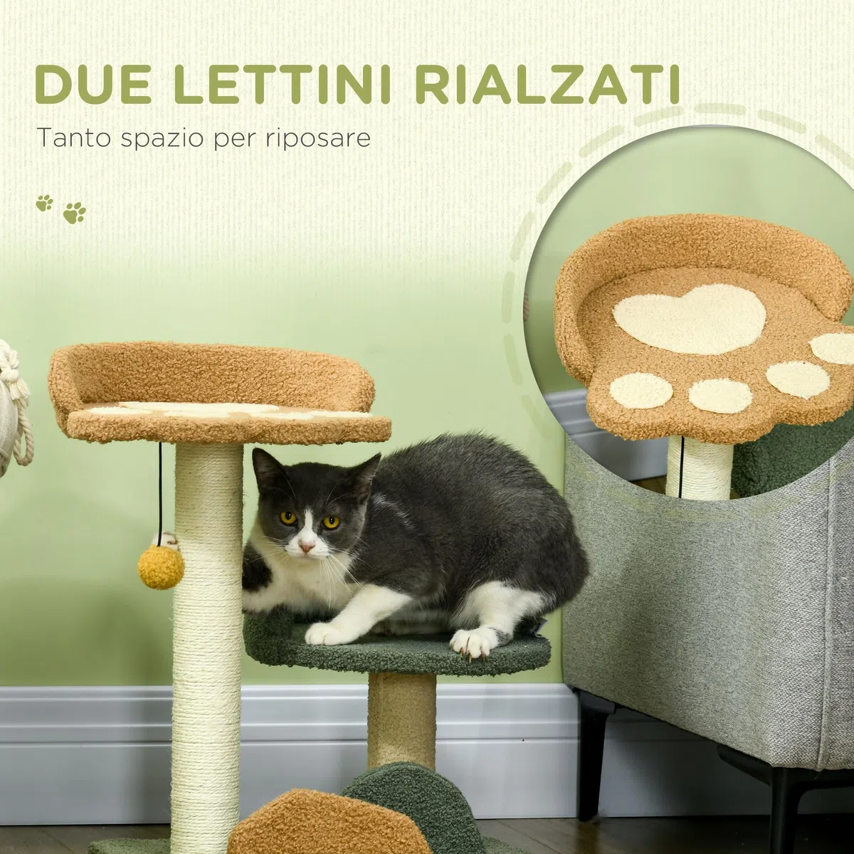 PawHut Albero Tiragraffi per Gatti con 2 Piattaforme Lettini, Pallina Appesa e Rivestimento in Velluto, 43x39x52cm, Multicolore