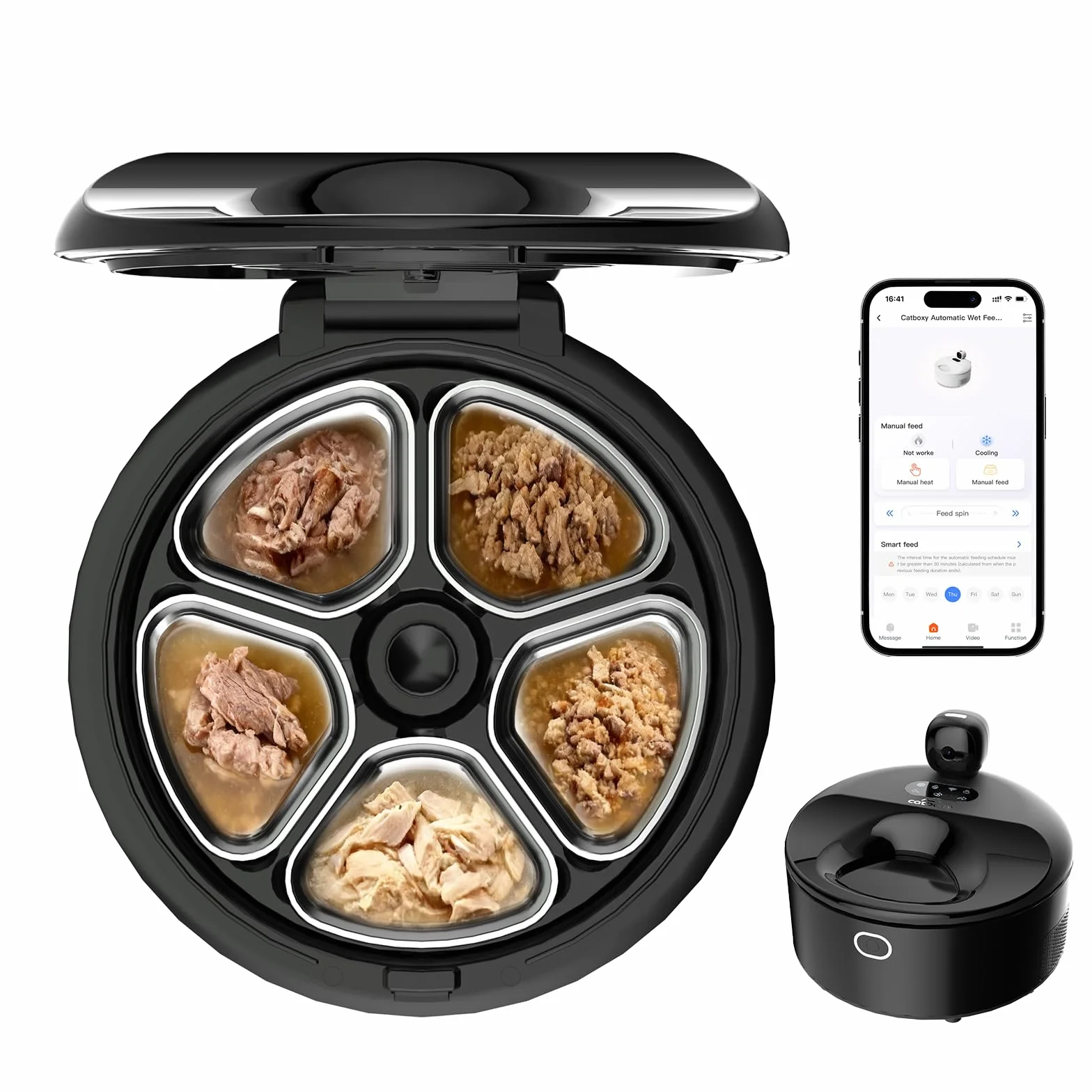 Dispensatore Automatico per Cibo Umido per Gatti, Refrigeratore 2-in-1 Monitorato con Raffreddamento a Semiconduttore, Controllato da App, Facile da Pulire, 5 Pasti Freschi (Nero)