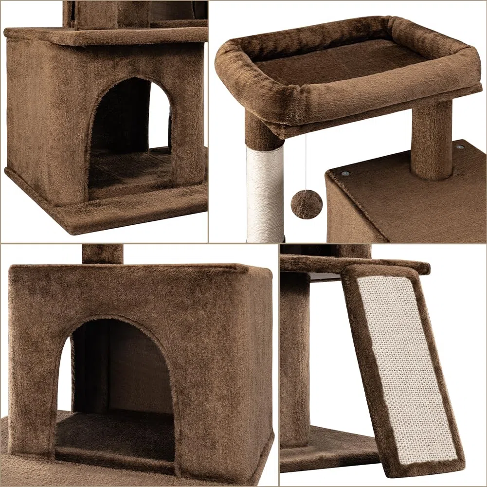 BAKAJI Albero Tiragraffi per Gatto con 3 Cucce Rifugio e 1 Pallina, Graffiatoio Animali Domestici Imbottito e Morbido Gioco Giocattolo, Centro Attività Multilivello Rampicante Altezza 91.5cm (Marrone)