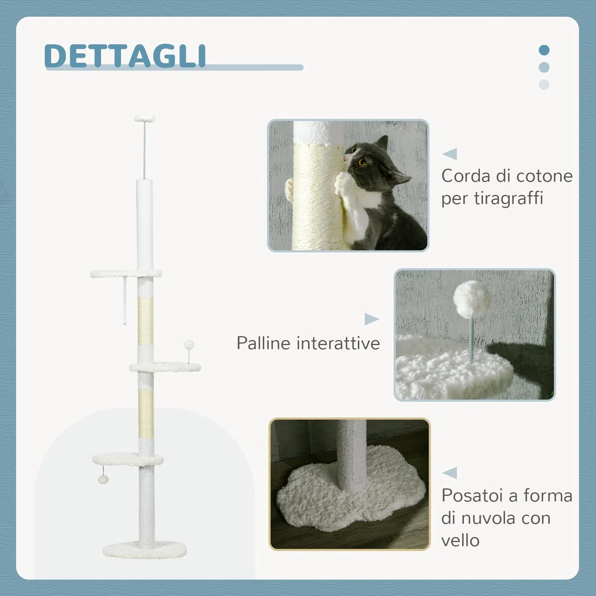PawHut Albero Tiragraffi a Soffitto con Altezza Regolabile, Torre per Gatti Multilivello con Pali Tiragraffi in Corda di Sisal, 48x32x225-255 cm, Bianco