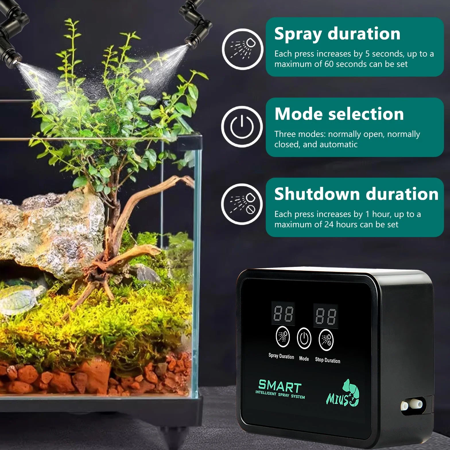BORDEAG Impianto di Irrigazione Terrario, Sistema di Benebeling Rettile Intelligente, Umidificatore Terrario, Umidificatore Rettile Ugelli Spray 360 ° Regolabile Per Anfibi Rettili Piante
