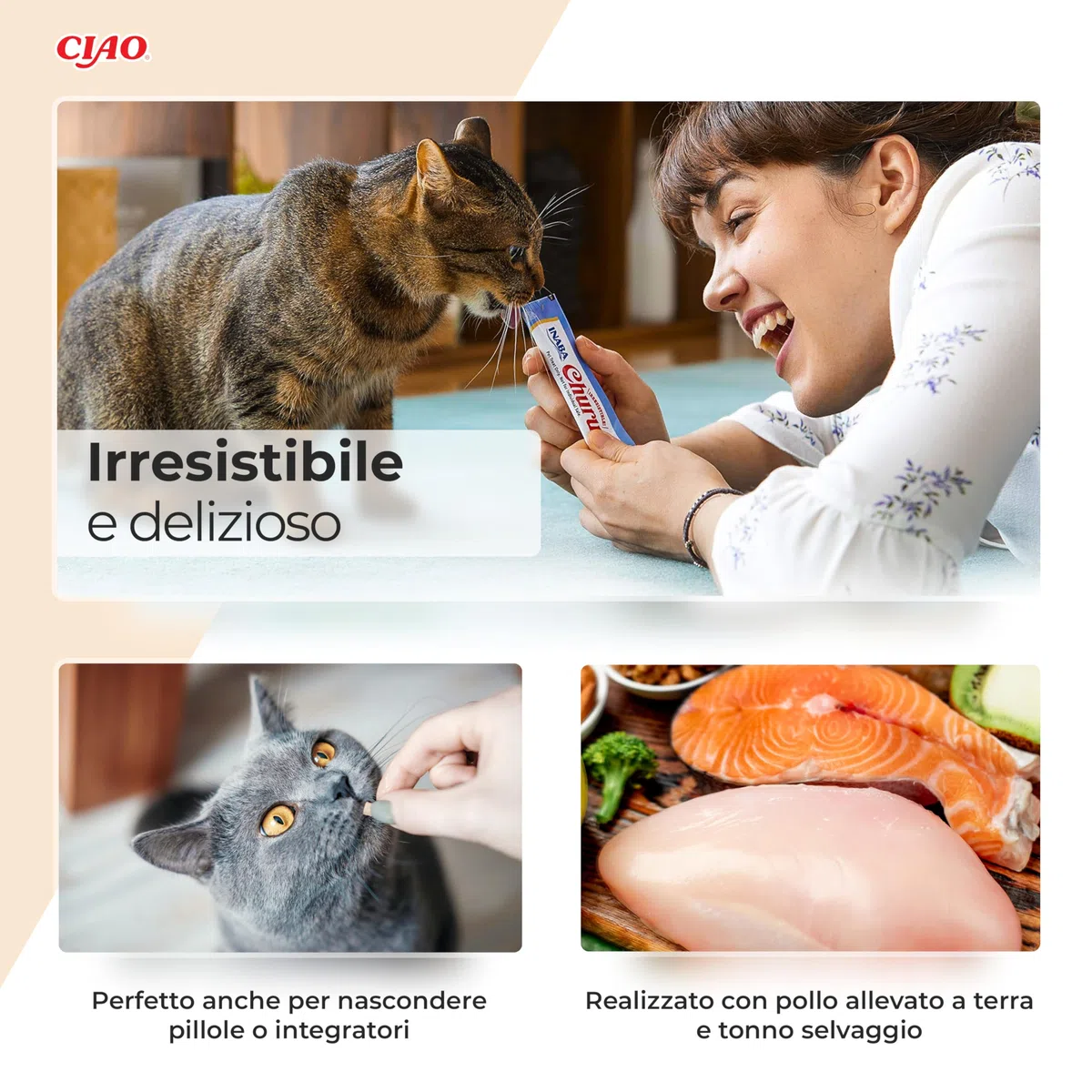 INABA Churu Snack per Gatti Cremoso con Pollo e Formaggio - 12 Pack (48 Stick x 14gr) - Cibo per Gatti da Leccare, Sano e Delizioso - Snack Gatto Senza Conservanti o Coloranti Artificiali, Grain-Free