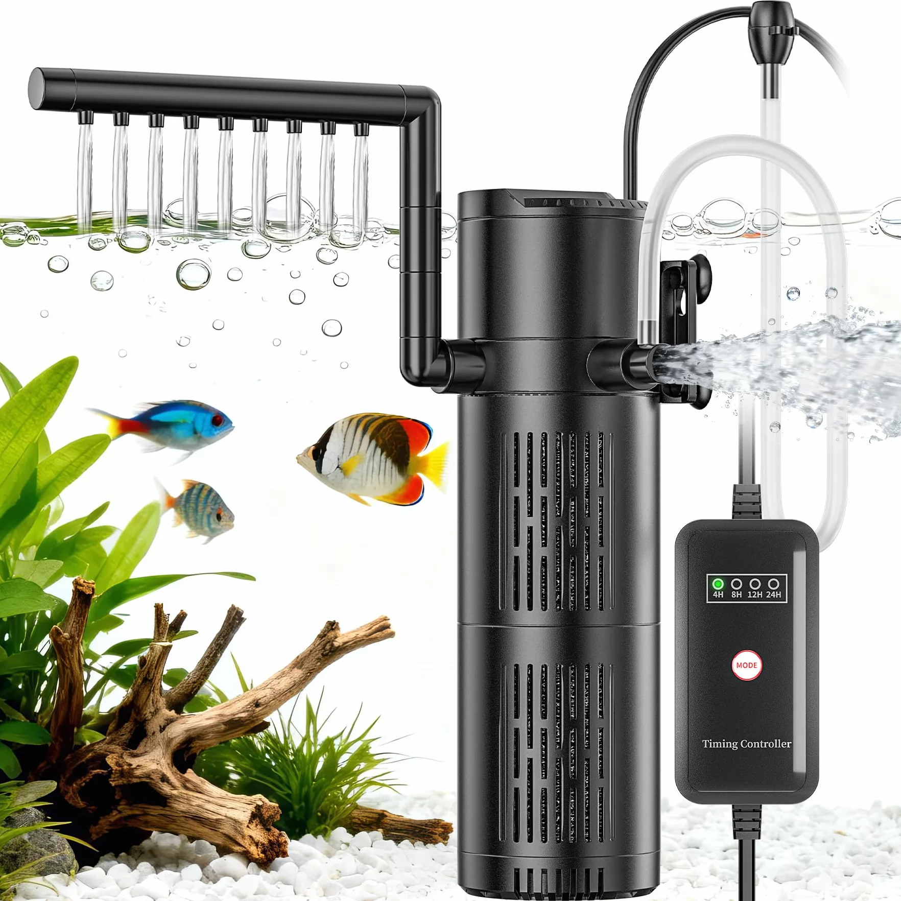 Filtro Acquario Interno 5 in 1, Pompa Acquario con Lampada di sterilizzazione 6W UV tempo regolabile, Pompa Filtro per Acquarios con Flusso Regolabile acquari da 40-1500L (800L/H)