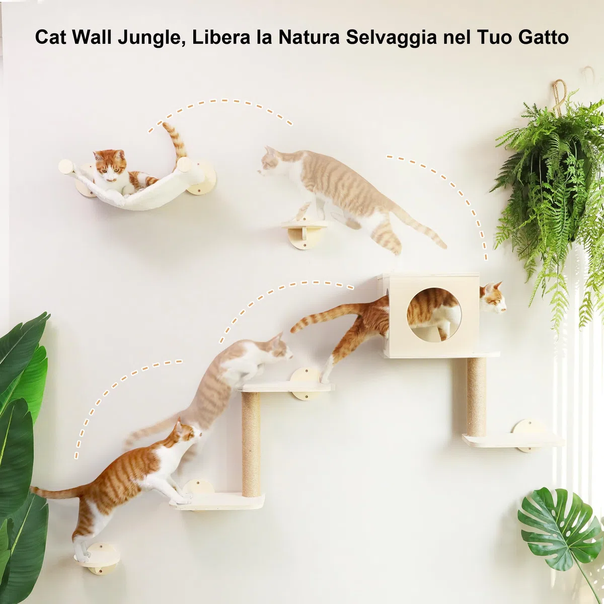 FUKUMARU Mensole da Parete per Gatti, Set Arrampicata per Gatti da Parete di 5 Pezzi, Piattaforme in Legno Stabile, Amaca, Casetta, Scalini e Tiragraffi Integrato - Design Moderno Beige