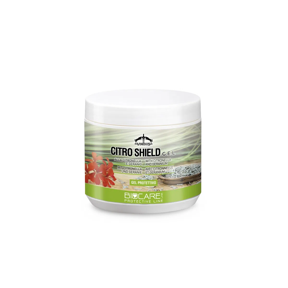 Veredus, Citro Shield Gel, Gel con azione protettiva alla citronella e geranio, studiato per le zone sensibili e delicate del cavallo - 1 barattolo da 500ml