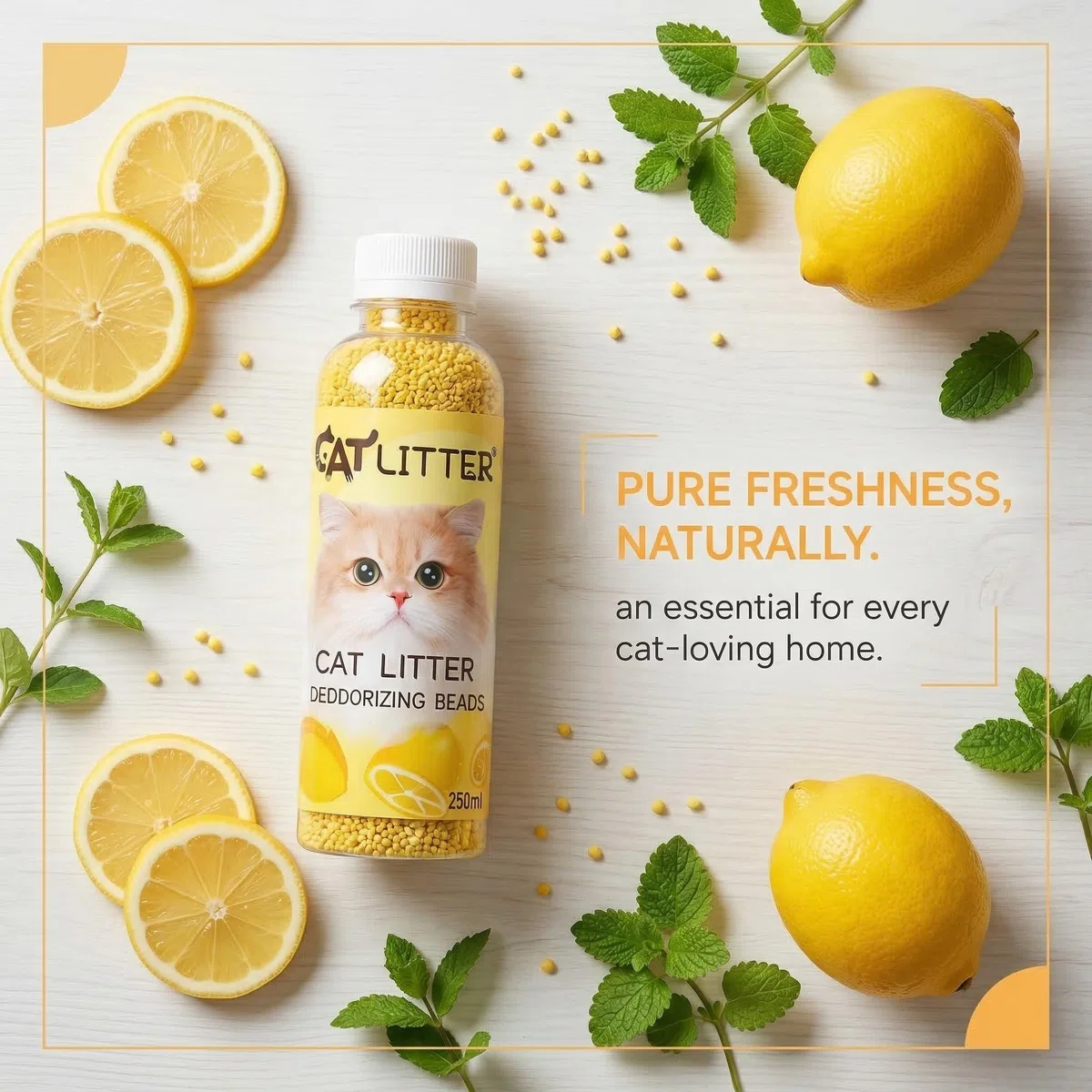 Deodorante per Lettiera per Gatti al Limone, Perle Deodoranti Naturali per Eliminazione Odori, Neutralizzatore di Ammoniaca a Lunga Durata, Additivo per Lettiere Gatti Freschezza 250ml