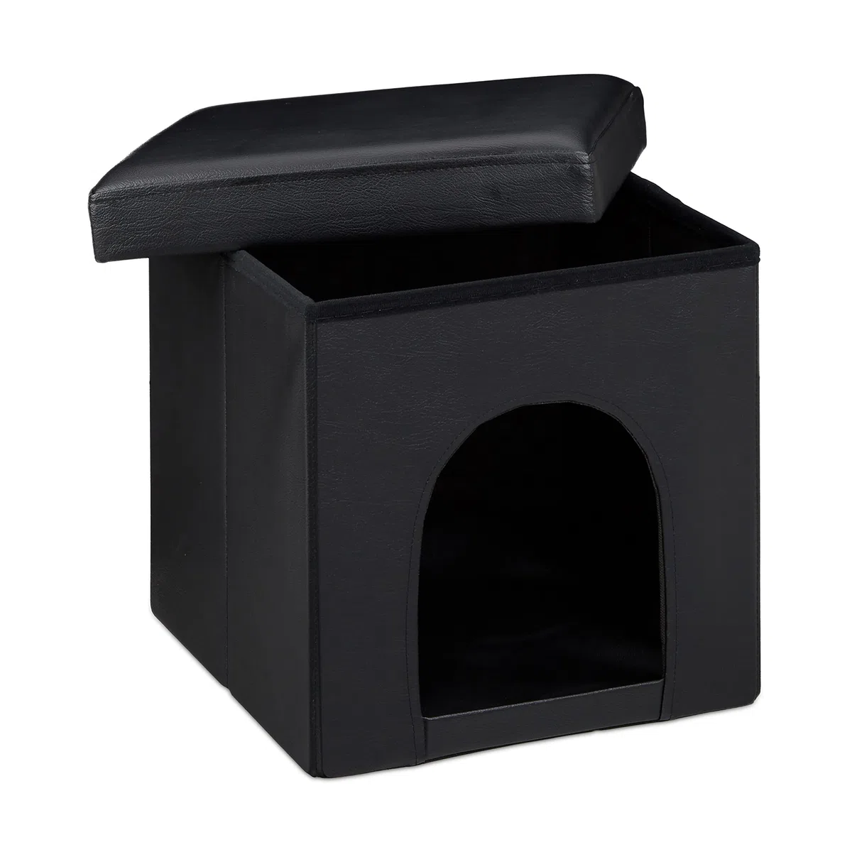 Relaxdays Cuccia Puff Pieghevole per Cane/Gatto, Finta Pelle, 38 X 38 X 38 cm, Nero