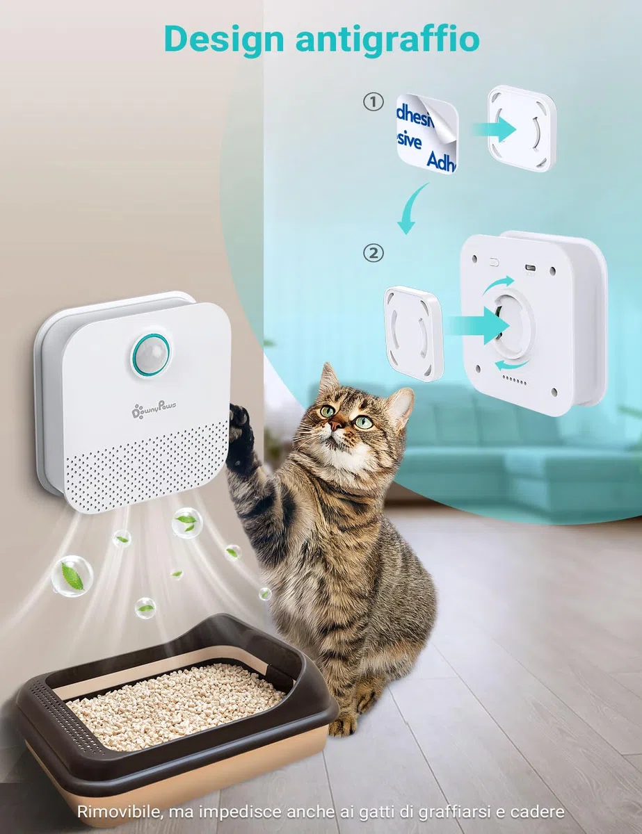 DownyPaws Deodorante Lettiera Gatti, Ricaricabile da 4000 mAh Deodorante per Lettiera Gatto, Durata della Batteria di 14 Giorni, Nessun Materiale di Consumo