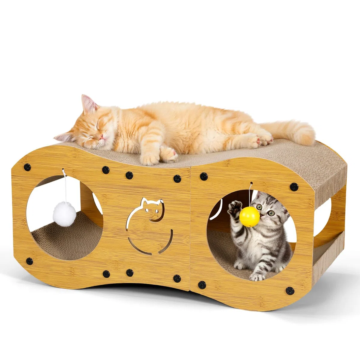Gimars Casetta Tiragraffi per Gatti 3-in-1, Cuccia e Lettino Tiragraffi in Cartone Ondulato con Palline Gioco, Protezione Mobili e Divani, Stile Legno, 59.5 x 29.5 x 28 cm