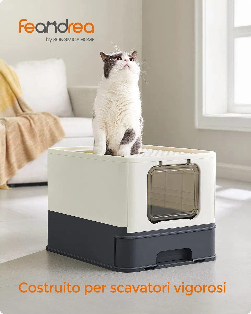 FEANDREA Casetta per Lettiera per per Gatti Grandi Nascosta, Vassoio Estraibile, Paletta, Spazzola, Ampio, Portata 15 kg, Antipertita, Beige e Nero PPT001W01