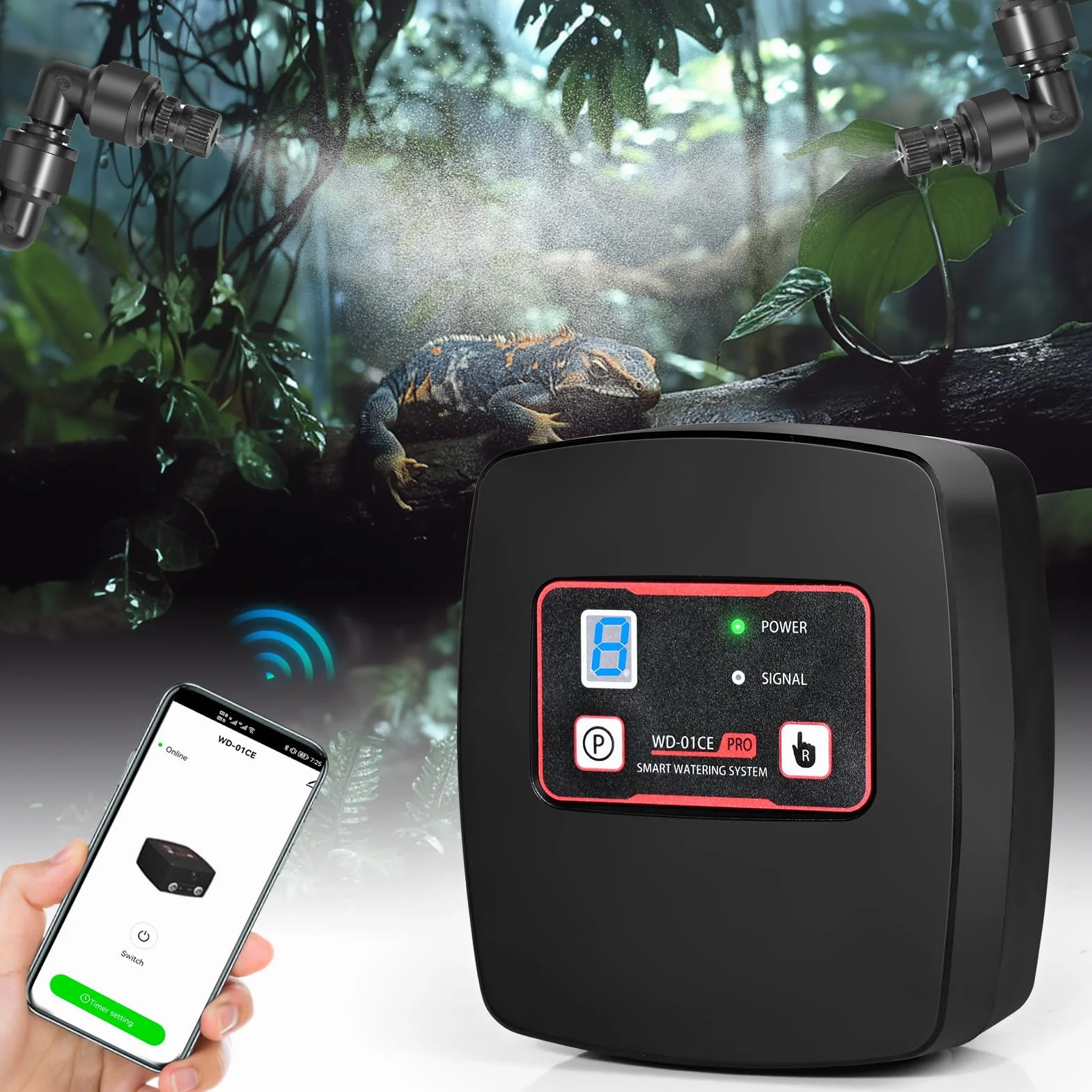 Nebulizzazione per Teca Rettili, Glovios Umidificatore per Rettili con Timer e 4 Ugelli a 360°, Umidificatore Rotante per Anfibi Rettili Piante Fiori