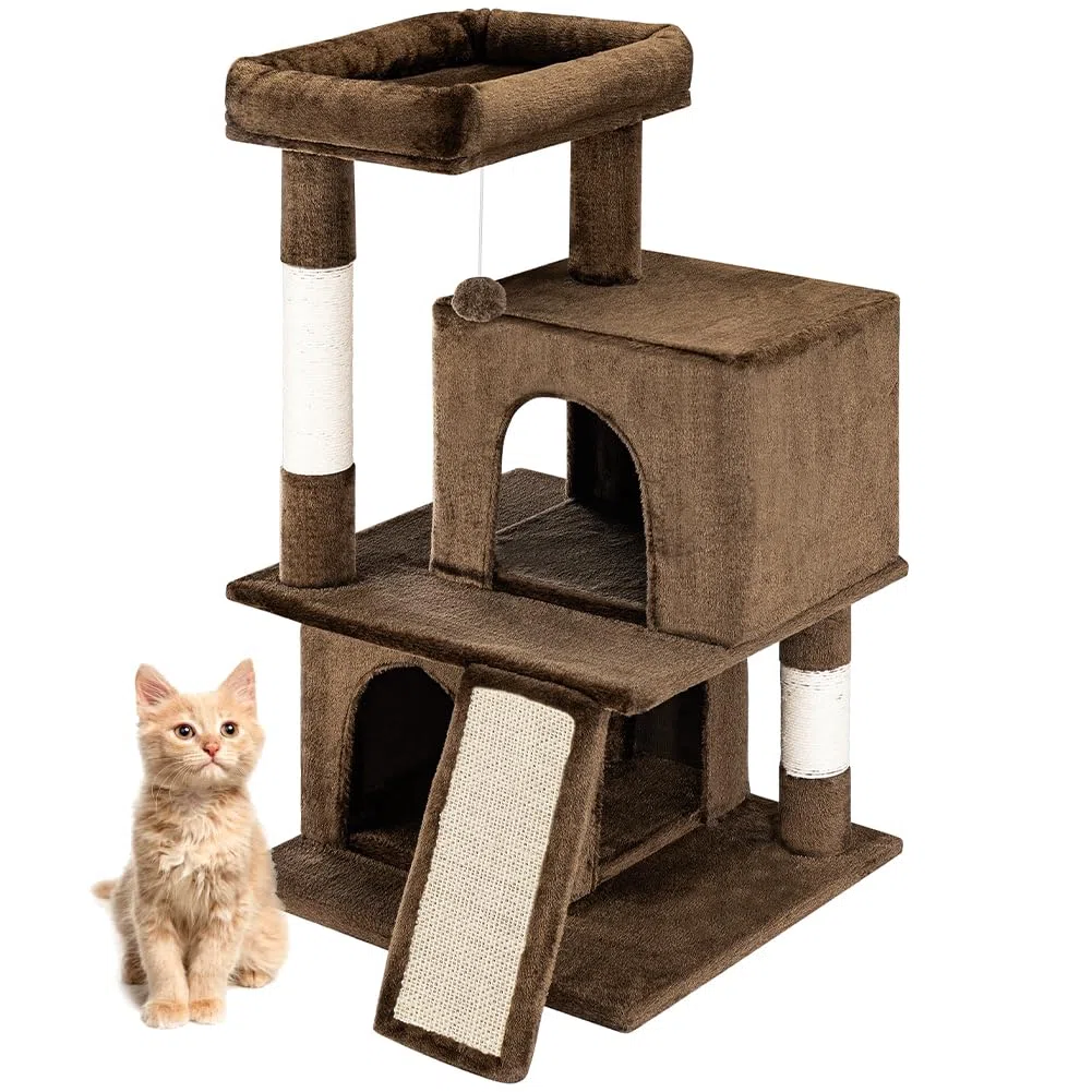 BAKAJI Albero Tiragraffi per Gatto con 3 Cucce Rifugio e 1 Pallina, Graffiatoio Animali Domestici Imbottito e Morbido Gioco Giocattolo, Centro Attività Multilivello Rampicante Altezza 91.5cm (Marrone)