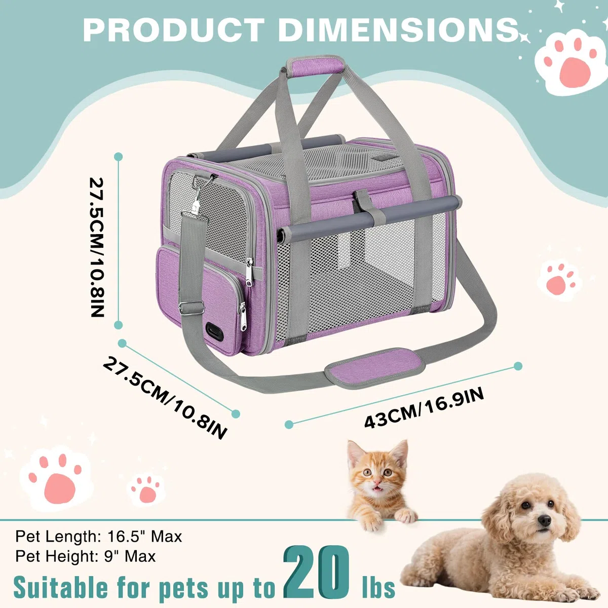Trasportino Gatto Approvato Aereo Trasportino per Cani Pieghevole Borsa da Viaggio per Animali Domestici Portabile Borsa per Gatti con Tessuto Antigraffio e Cuscino Lavabile (Viola)