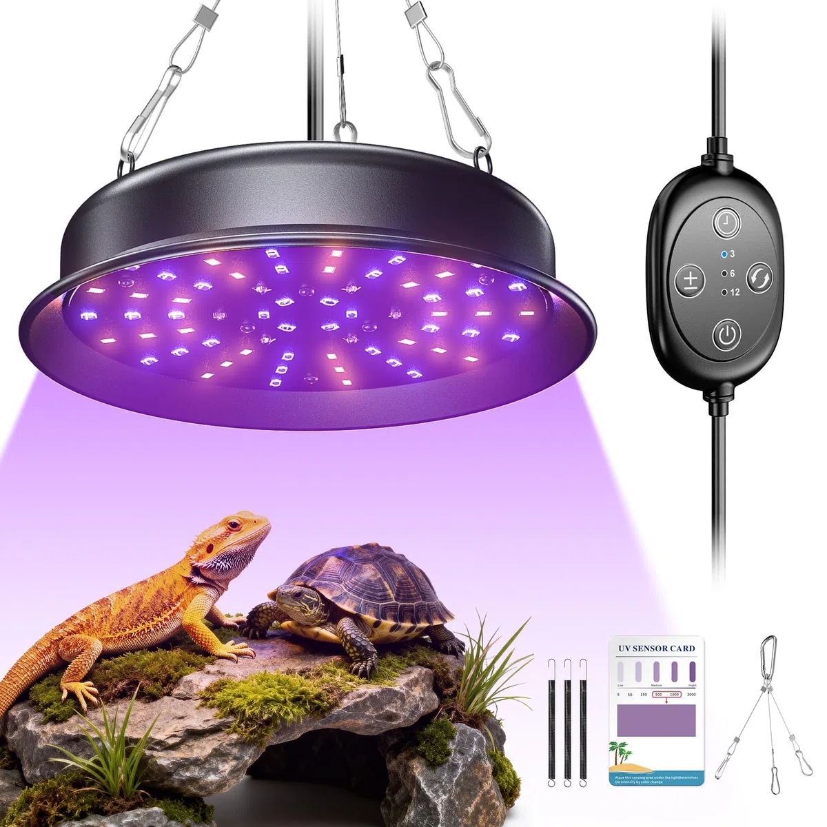 Lampada UVB per Rettili, Luce per Rettili con Timer a 3-6-12 Cicli e 3 Livelli di Luminosità, Lampada UVA/UVB a Spettro Completo per Tartarughe, Draghi Barbuti e Serpenti