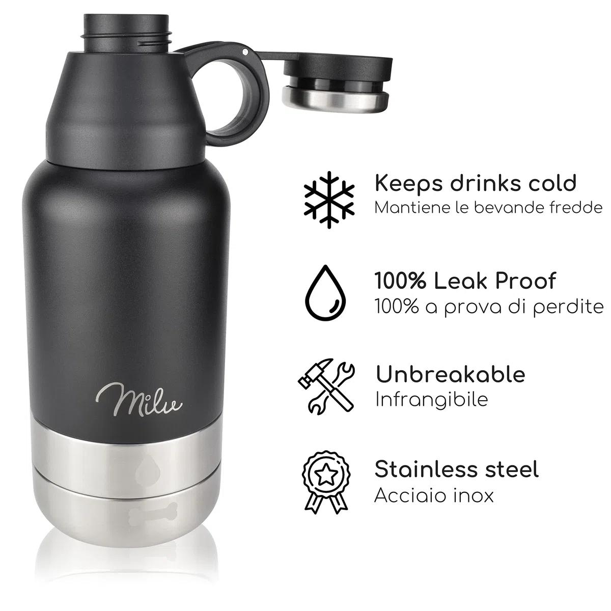 Milu Borraccia per cani da viaggio, 950 ml, con ciotola, isolata, in acciaio inox, per cani, con contenitore per cibo, ciotola, cane, escursionismo, viaggi, passeggiate