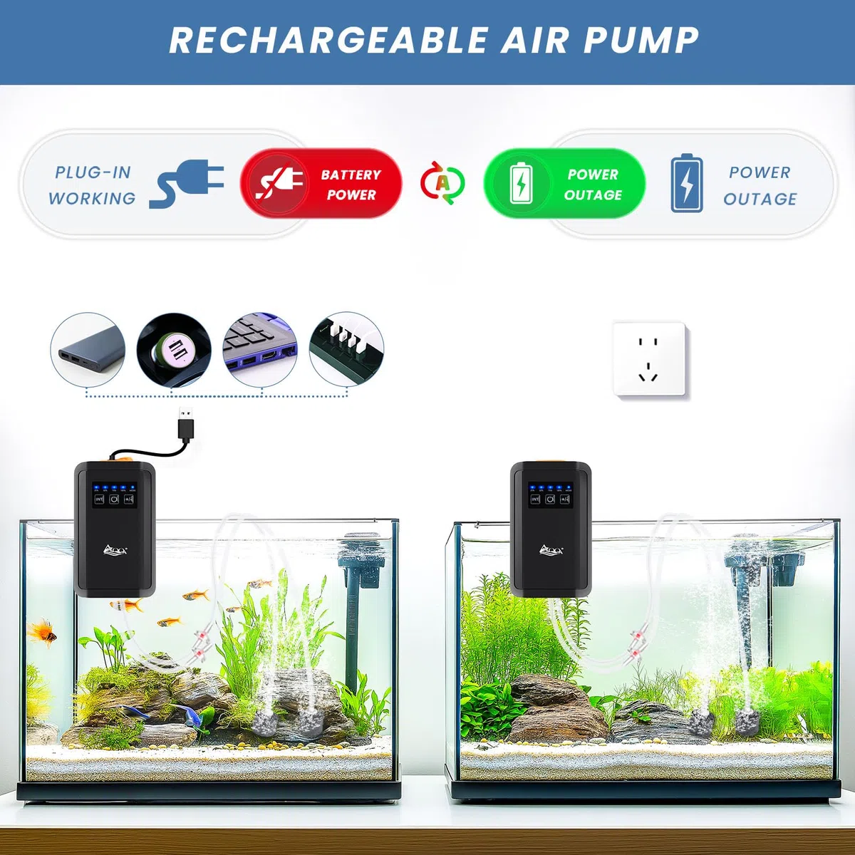 AQQA Pompa dell'aria dell'acquario, pompa dell'aeratore dell'aria del serbatoio di pesce ricaricabile