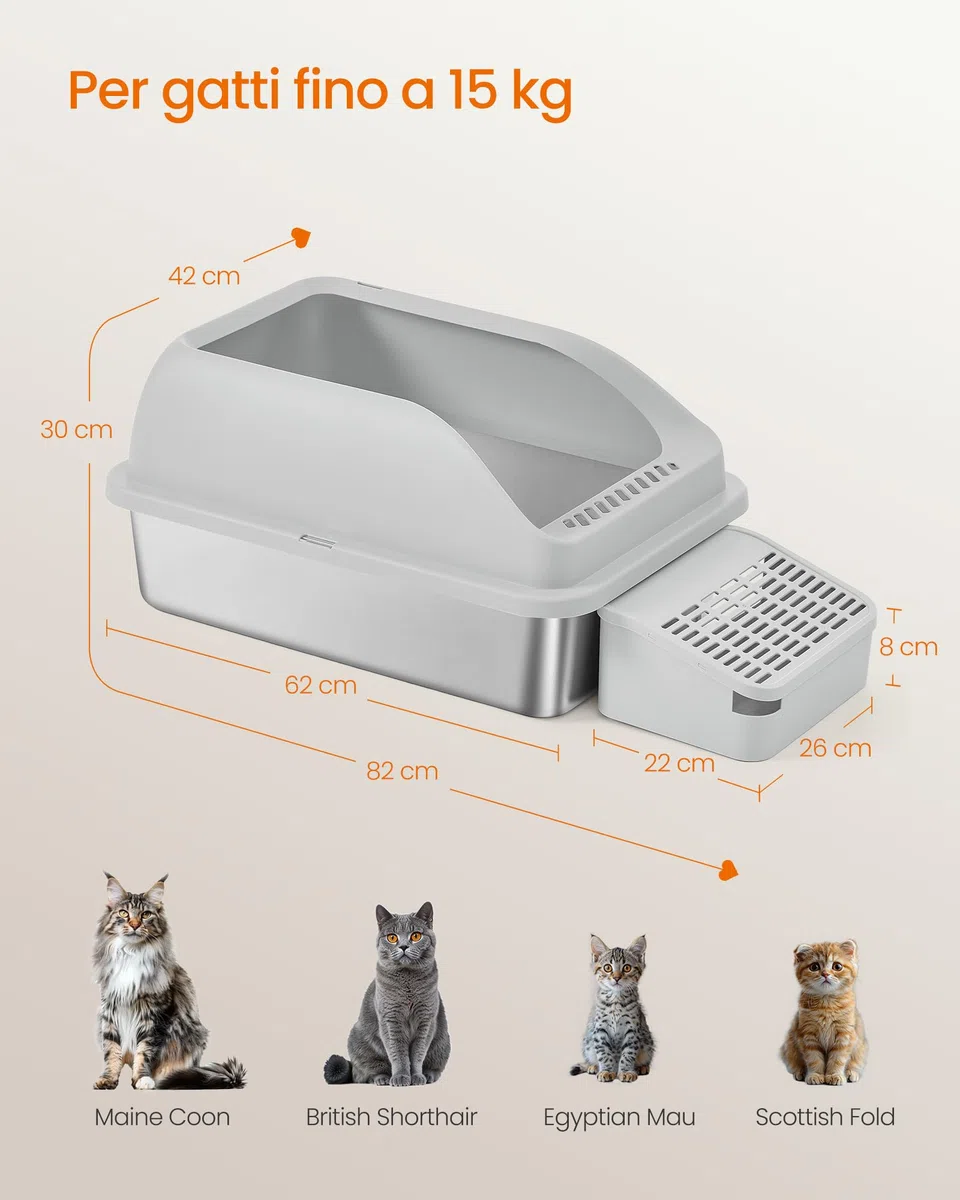 Feandrea Lettiera per Gatti in Acciaio Inox, Vassoio Alto con Apertura Superiore, Gradino, Paletta, Spazzola, per Gatti fino a 15 kg, Grigio Tortora PPT008GD01